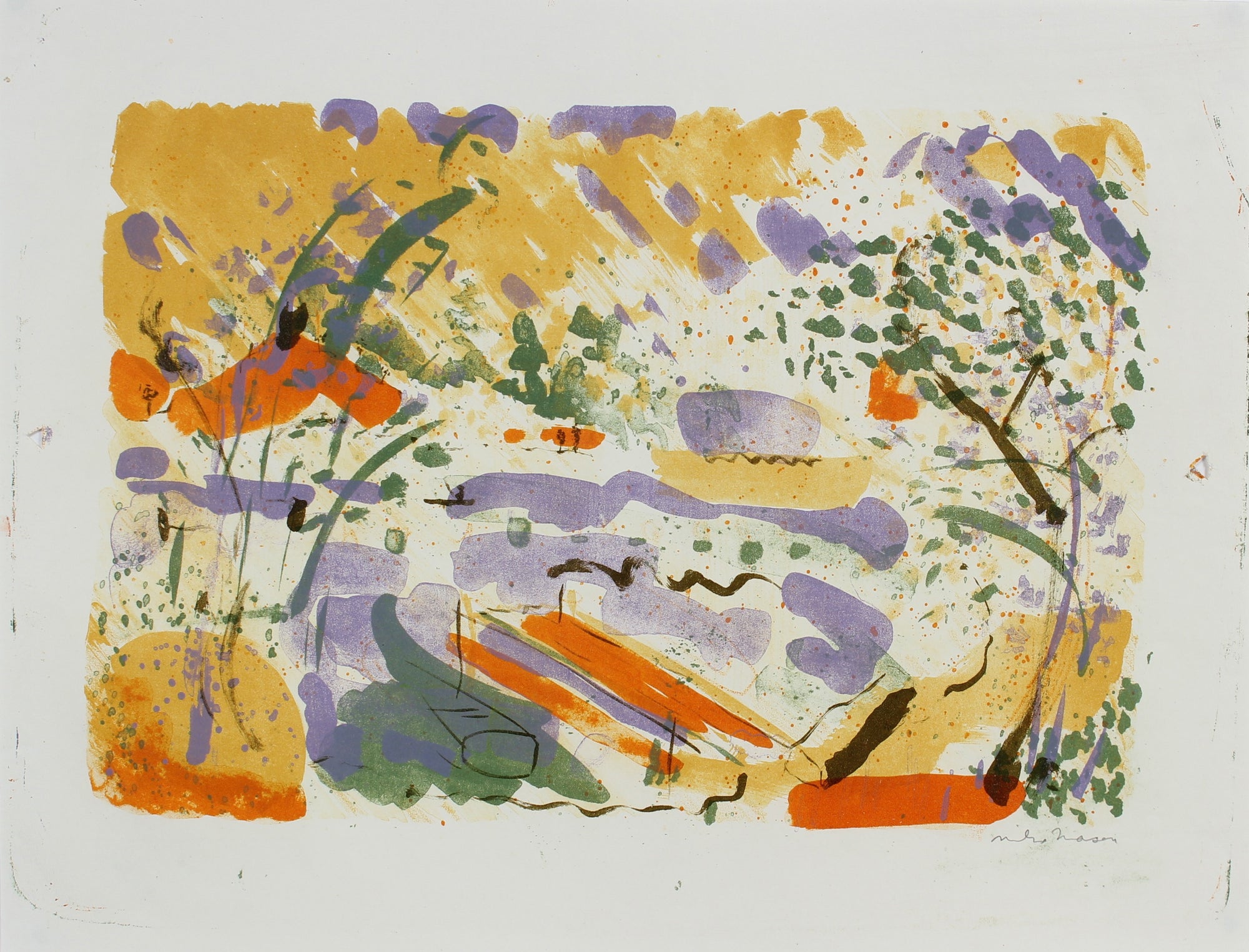 Bright Springtime Abstracted Landscape<br>1950-60s Lithograph<br><br>#99799