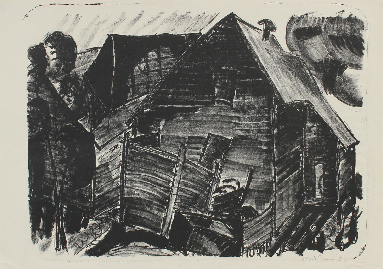 Monochrome Abstracted Barn<br>1953 Lithograph<br><br>#99811