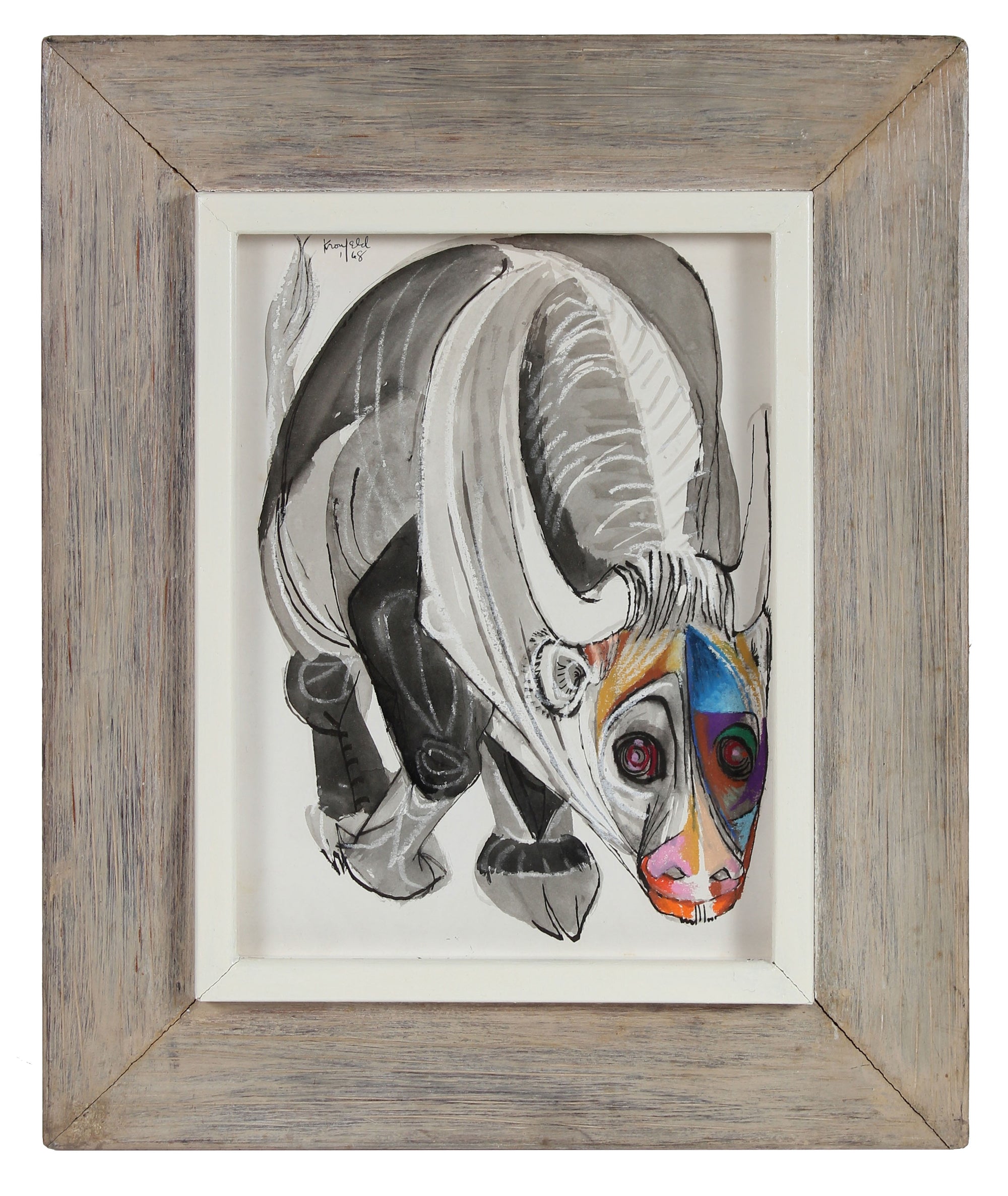 Modernist Bull Drawing<br>1968 Ink & Pastel<br><br>#A0182