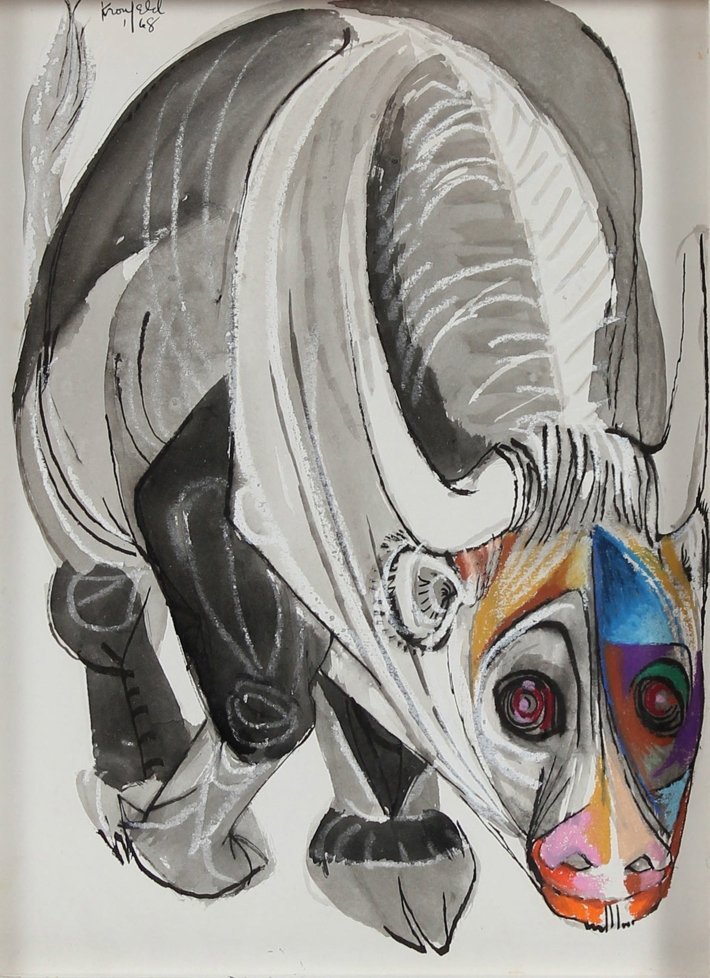 Modernist Bull Drawing<br>1968 Ink & Pastel<br><br>#A0182