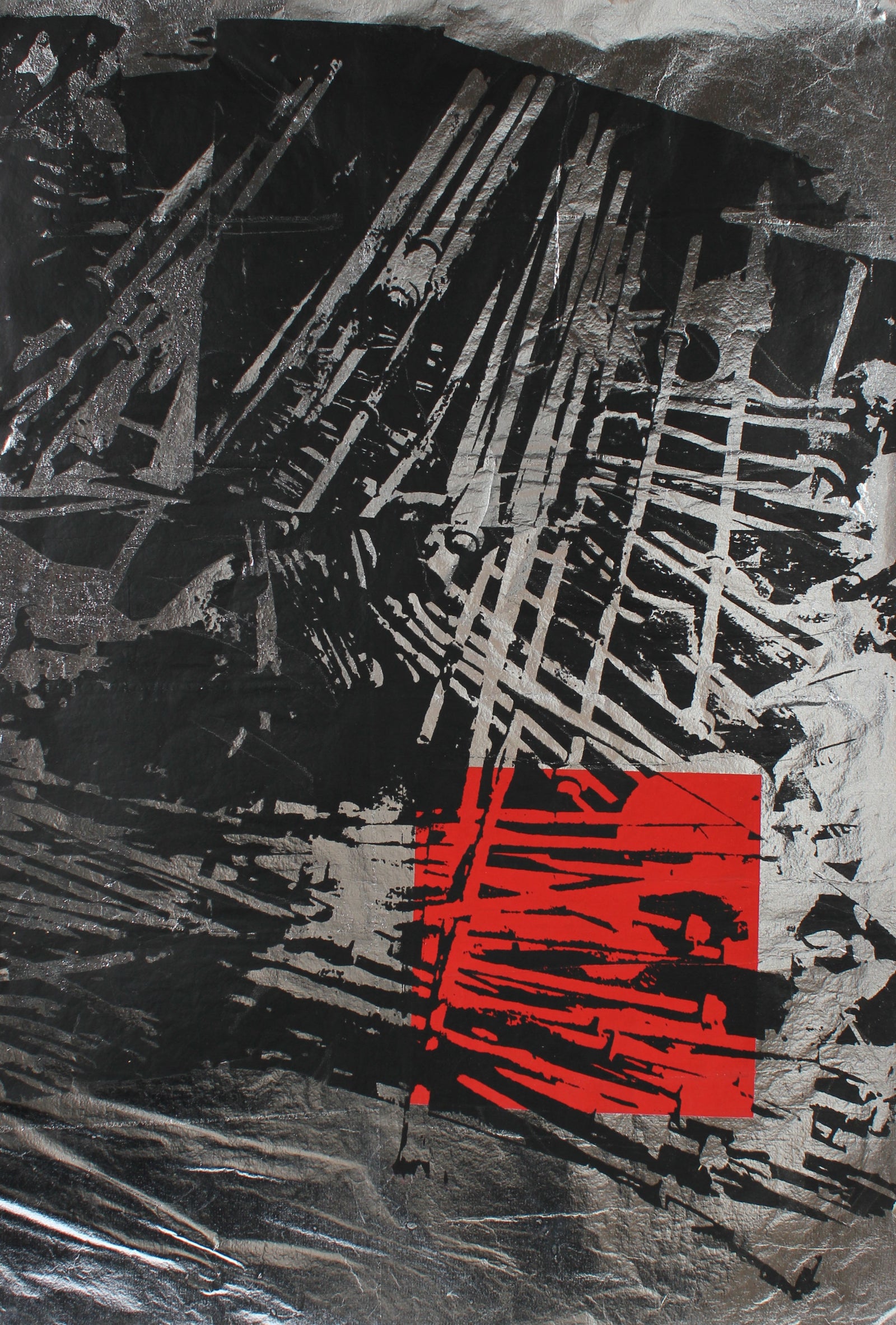Monochromatic Abstract With Red Square Detail <br>1970s Serigraph <br><br>#A0920