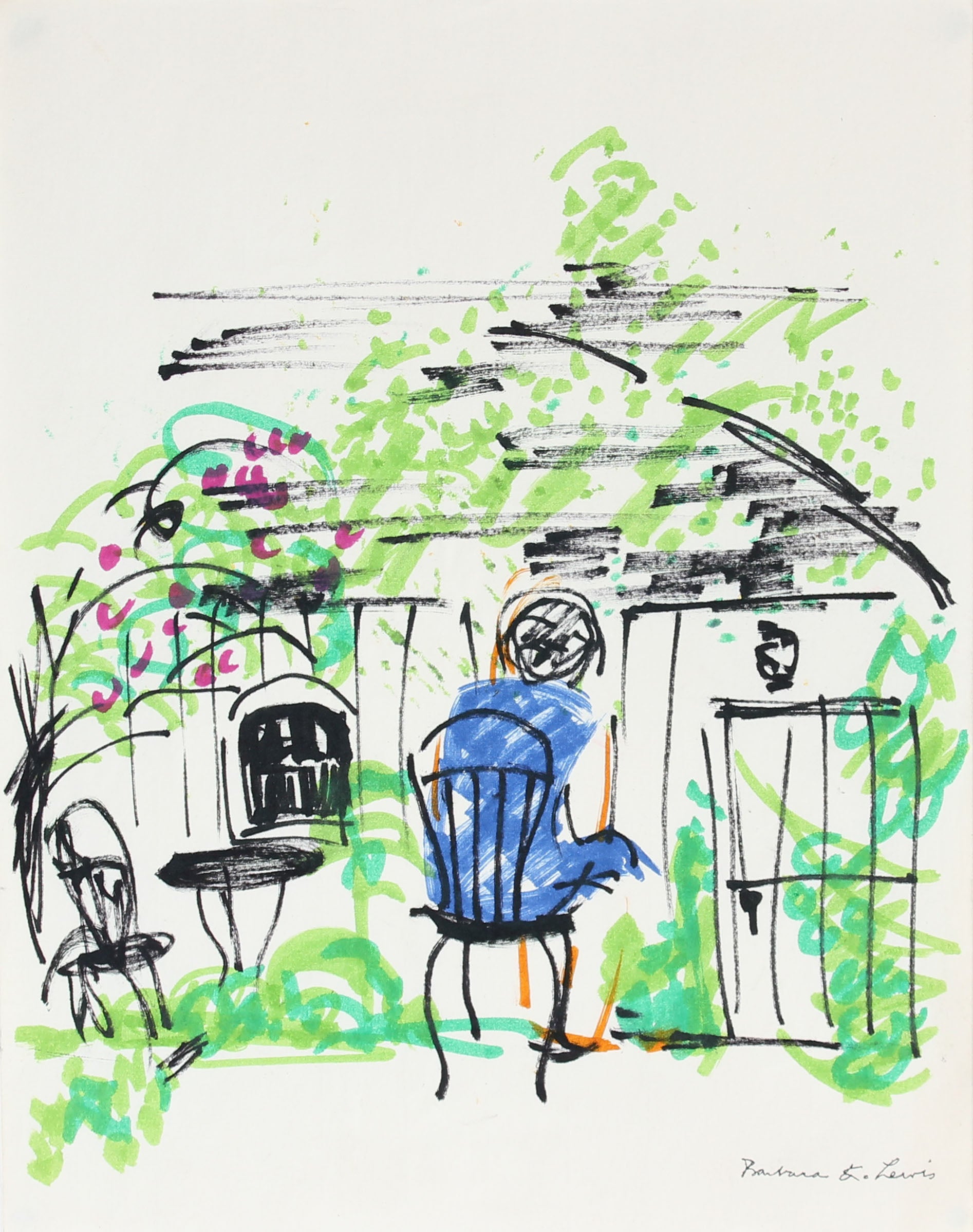 Abstracted Figure in the Garden <br>Mid Century Ink <br><br>#A0945
