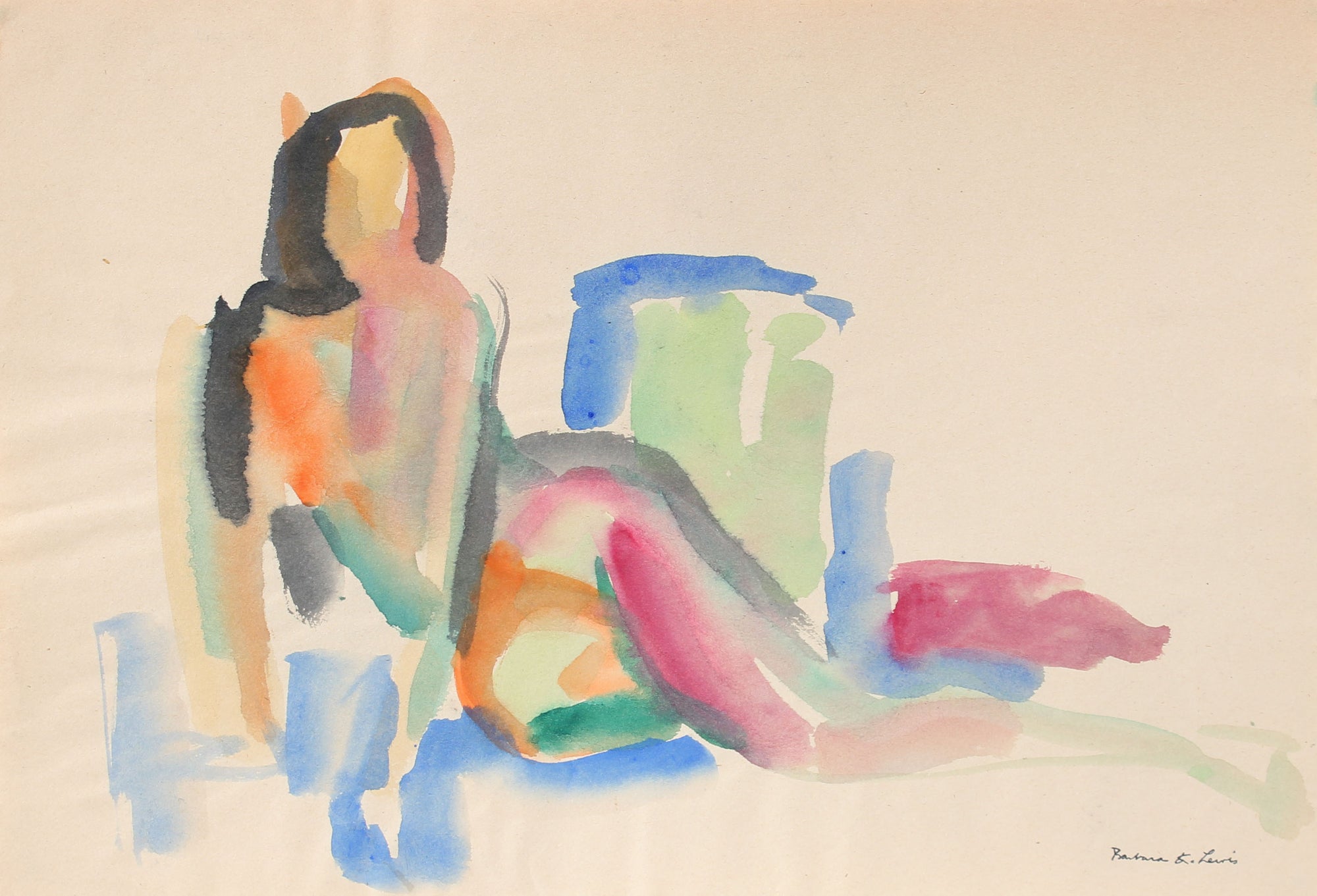 Vintage Reclining Brushstroke Figure <br>20th Century Watercolor <br><br>#A0958
