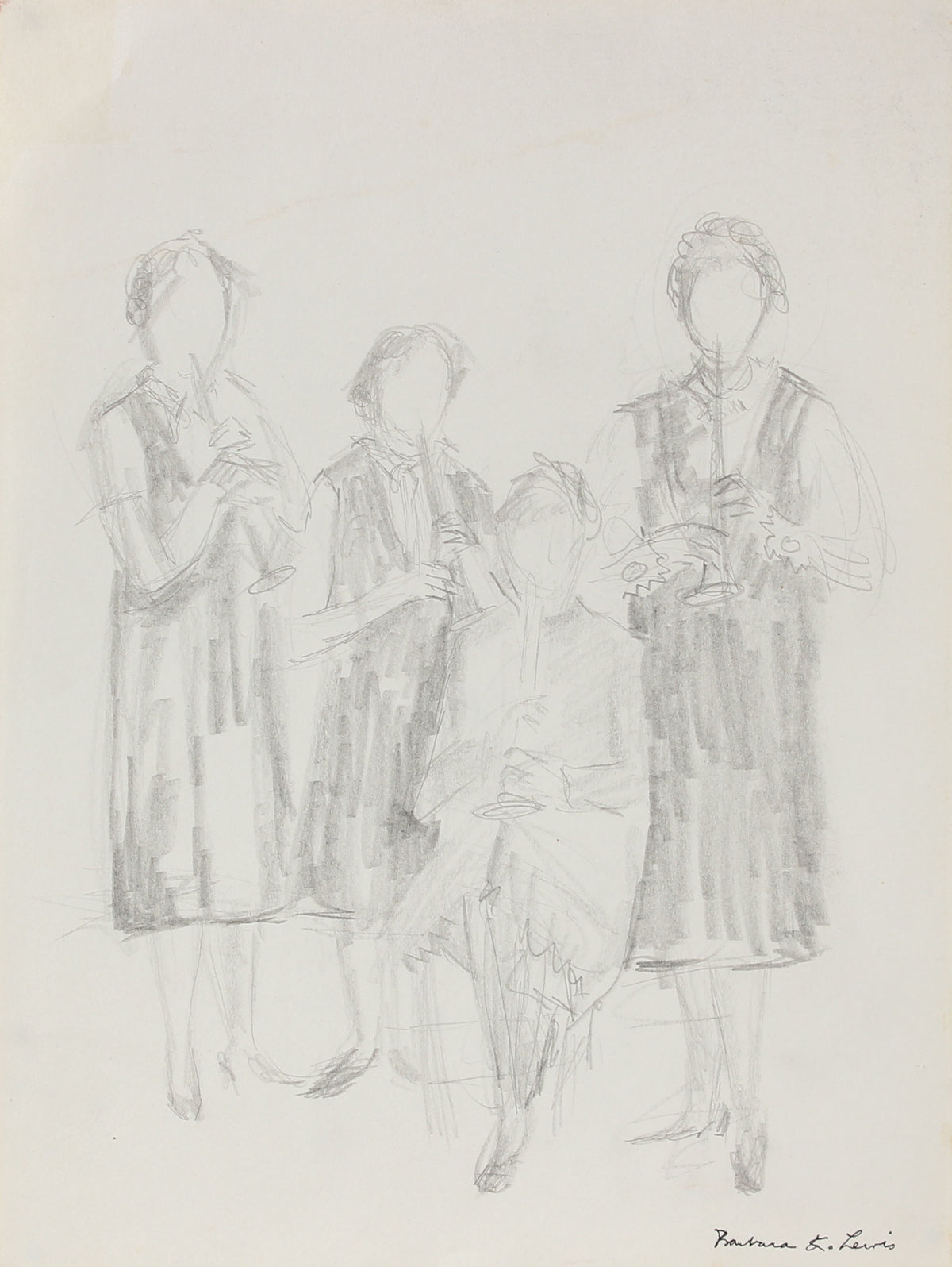 Four Clarinet Players Vintage Sketch &lt;br&gt;20th Century Graphite &lt;br&gt;&lt;br&gt;#A0962