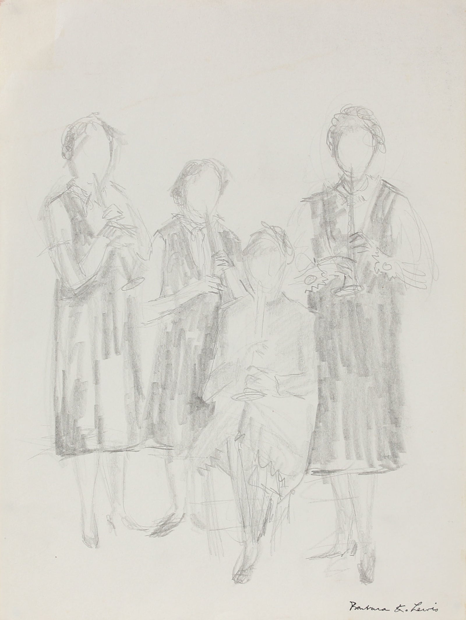 Four Clarinet Players Vintage Sketch <br>20th Century Graphite <br><br>#A0962