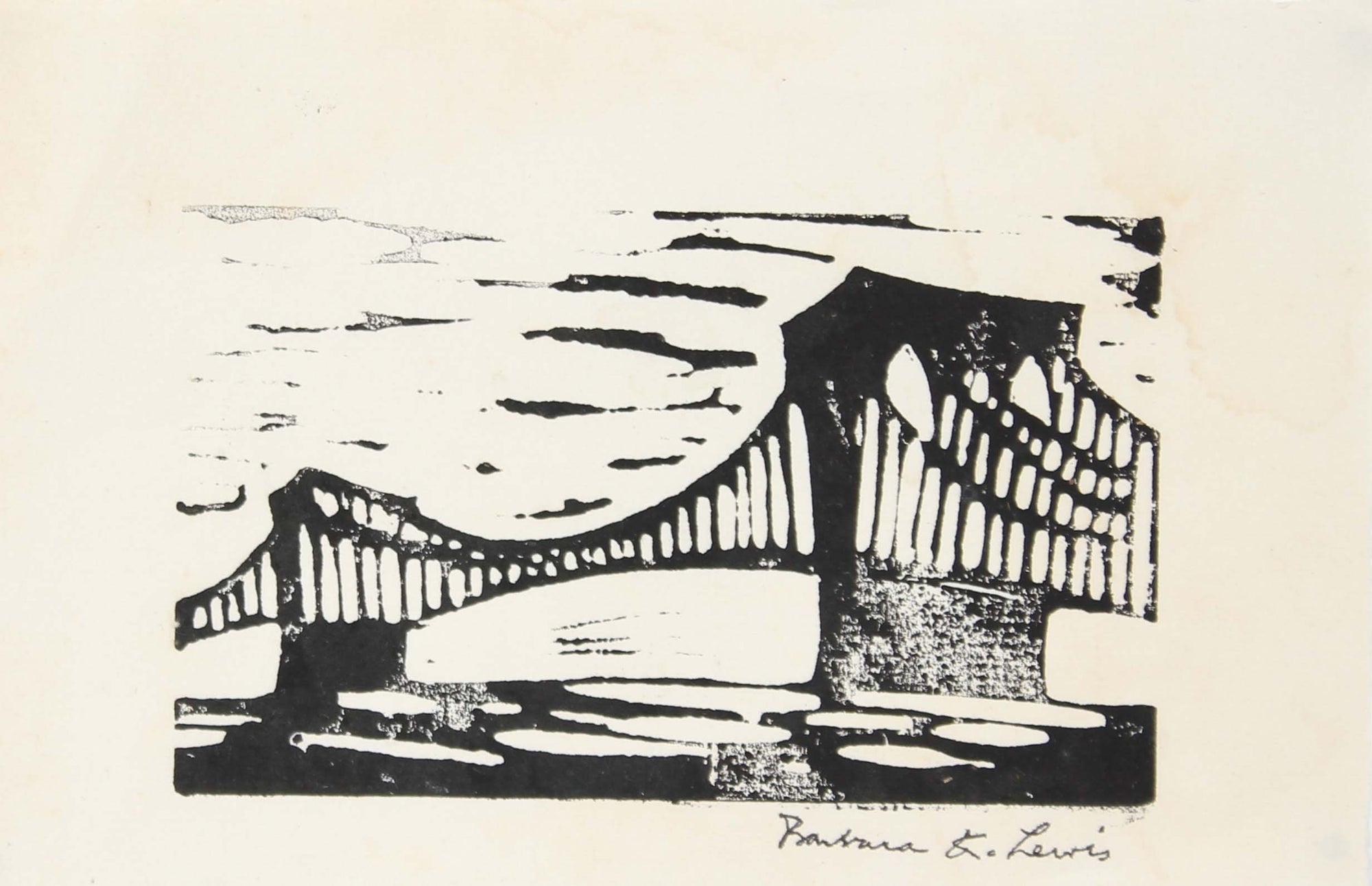 Monochromatic Bridge in Chicago<br>20th Century Woodblock Print<br><br>#A1453