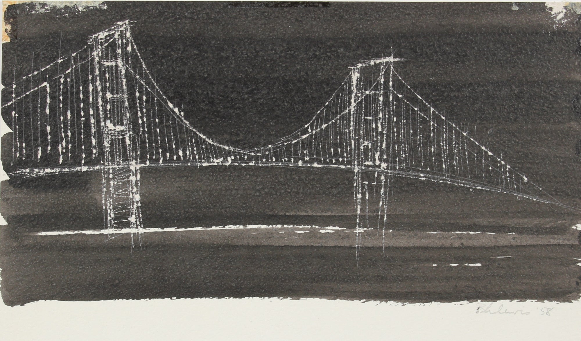 Dramatic Monochromatic Bridges <br>1958 Ink & Scratching Technique <br><br>#A1479