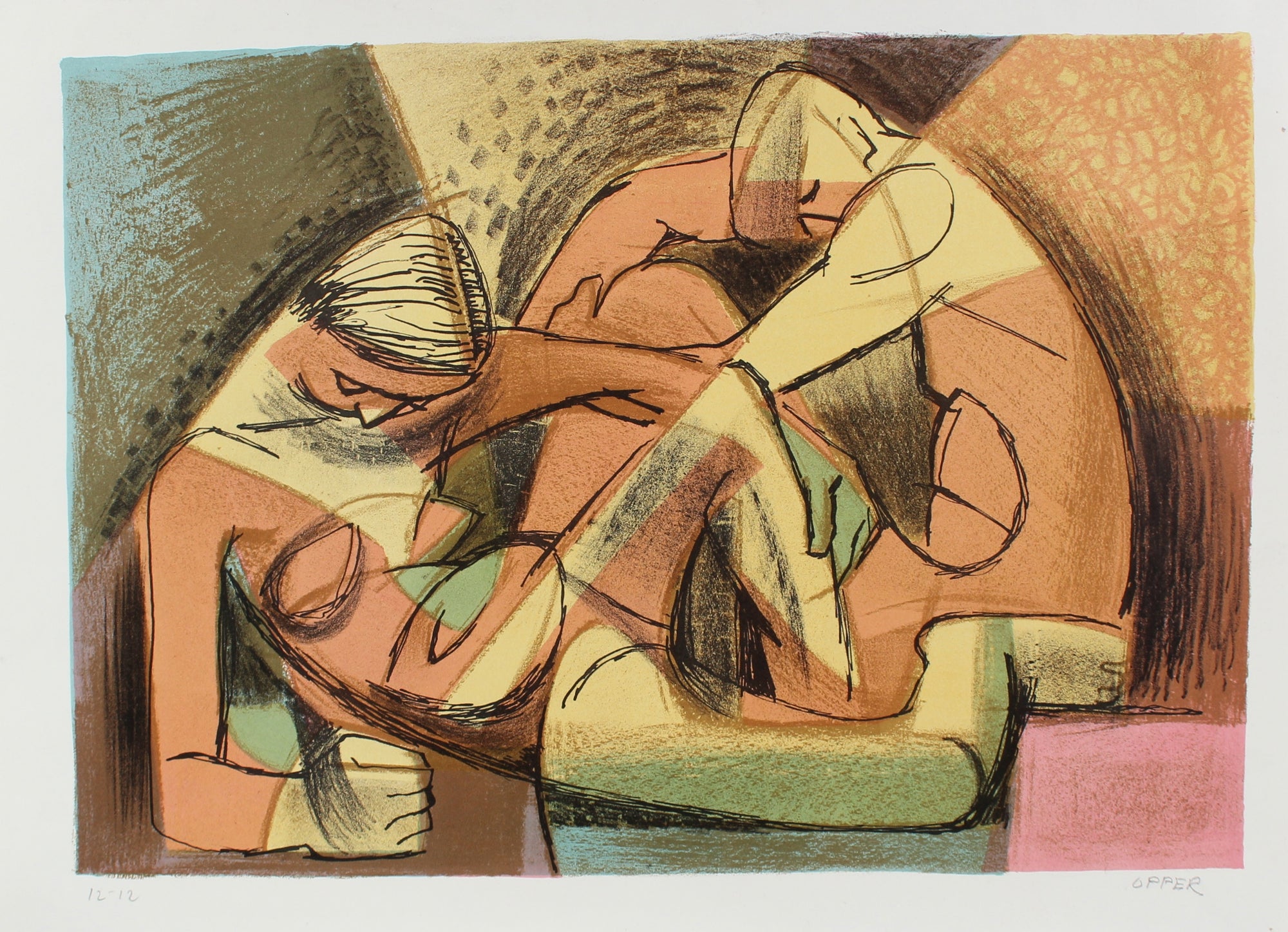 Warm Modernist Figures Edition Print<br>1940-50s Stone Lithograph<br><br>#A2187