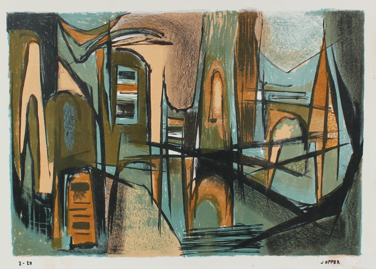 Cool-Toned Modernist Abstract <br>1940-50s Lithograph <br><br>#A2196