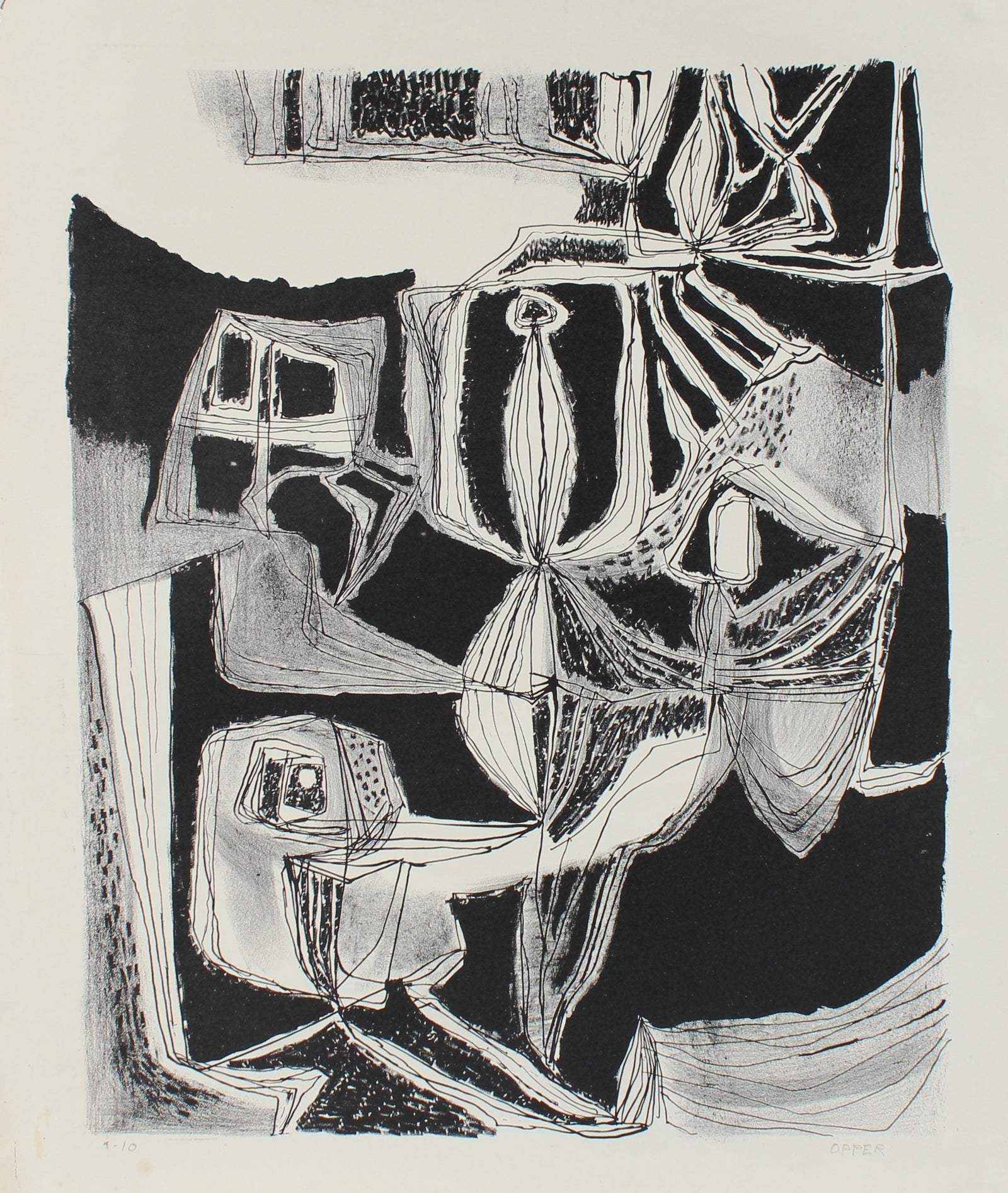 Monochrome Modernist Abstract <br>1940-50s Lithograph <br><br>#A2199