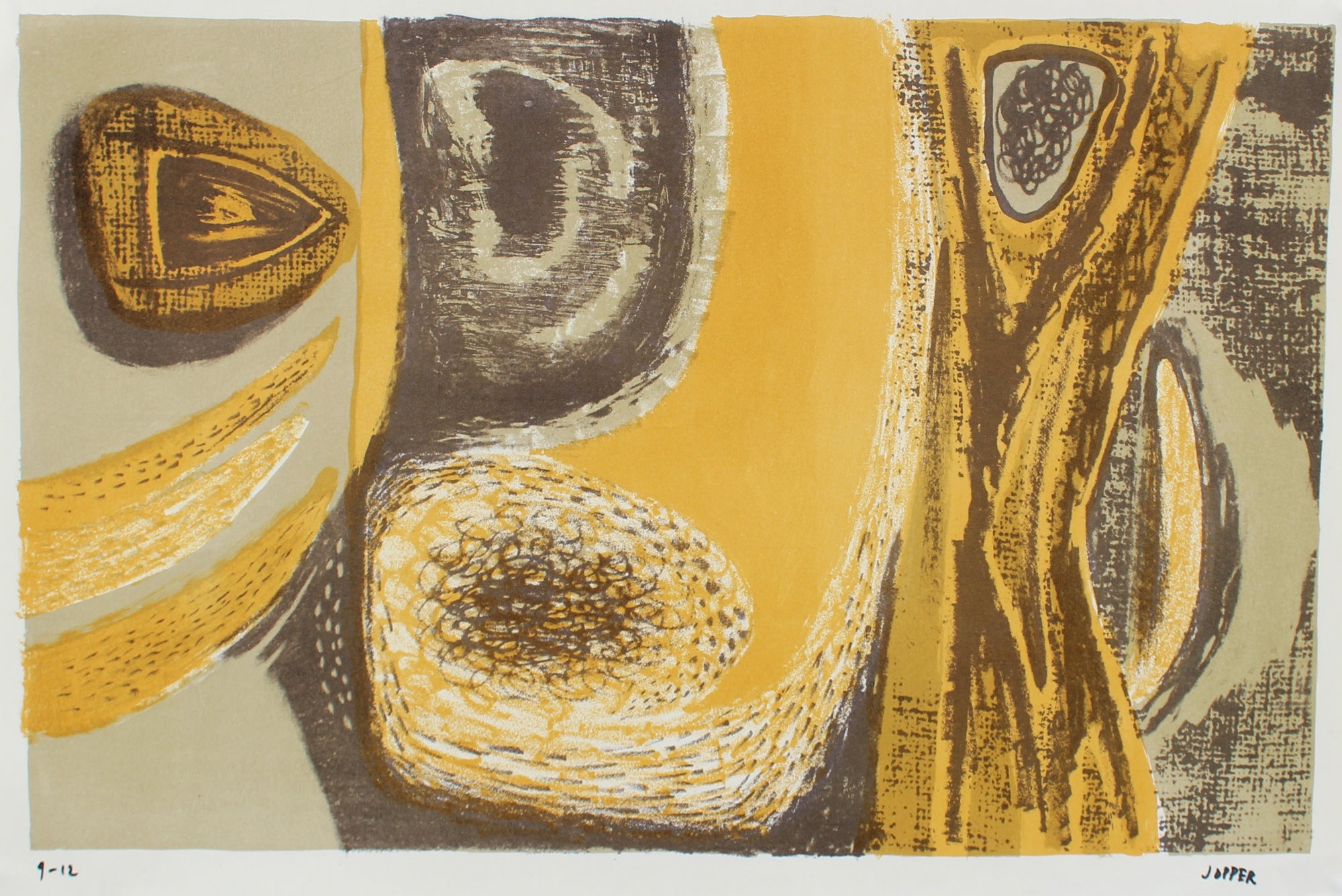 Golden Yellow Modernist Abstract <br>1940-50s Lithograph <br><br>#A2204