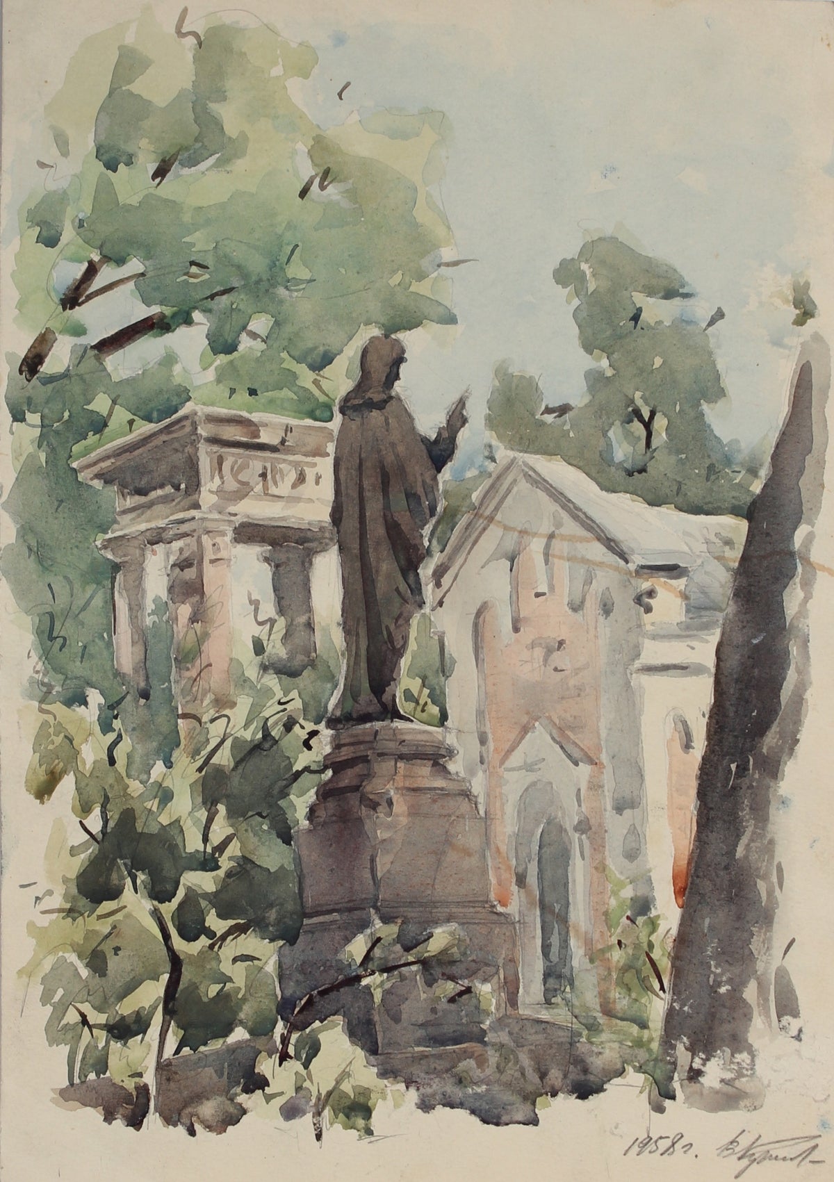 Statue in the Park&lt;br&gt;1958 Watercolor &amp; Graphite&lt;br&gt;Krizh&lt;br&gt;&lt;br&gt;#A3011