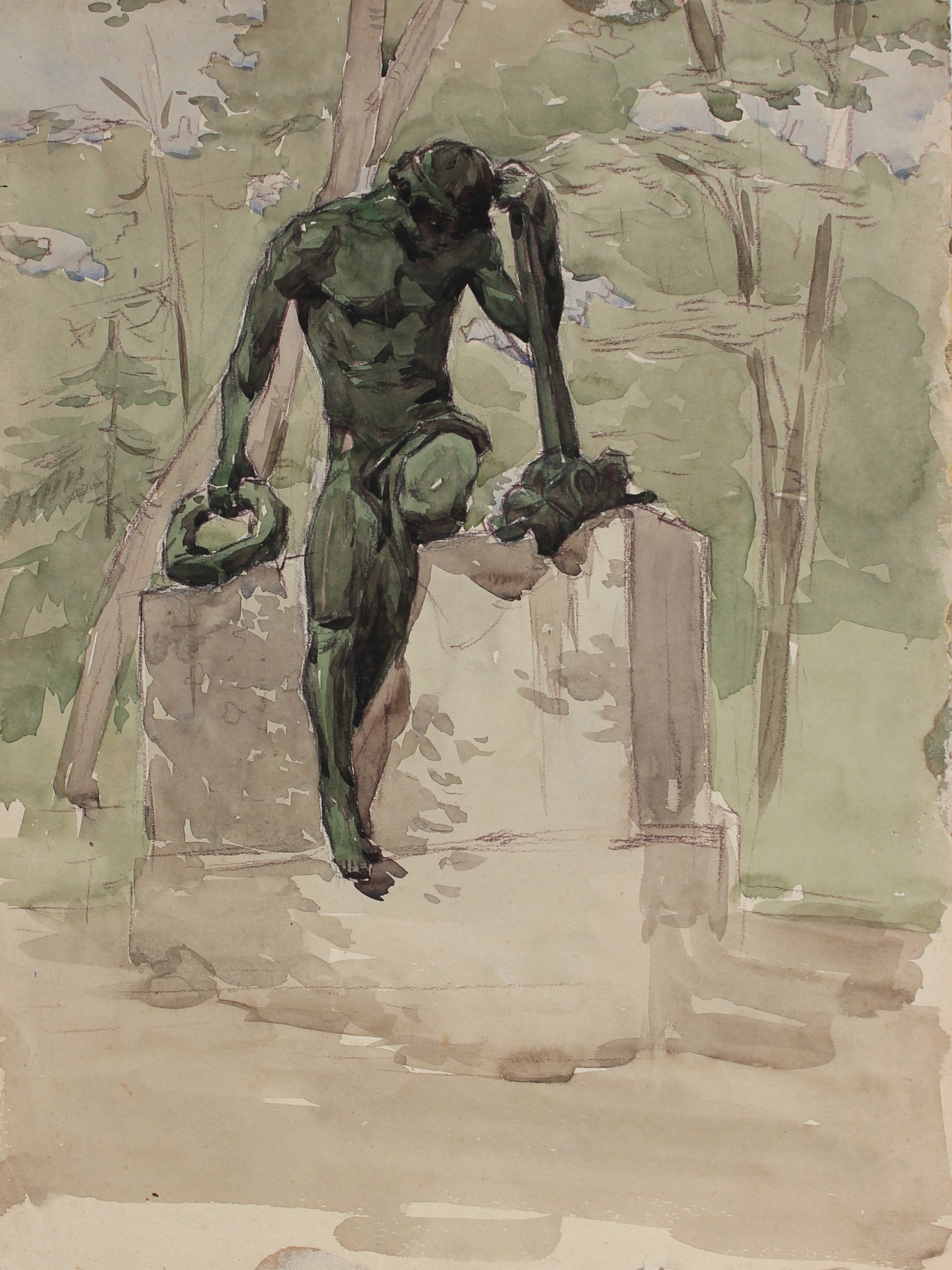 Contemplative Statue in the Park<br>1960s Watercolor & Pastel<br>Alexander Nazarenko<br><br>#A3012