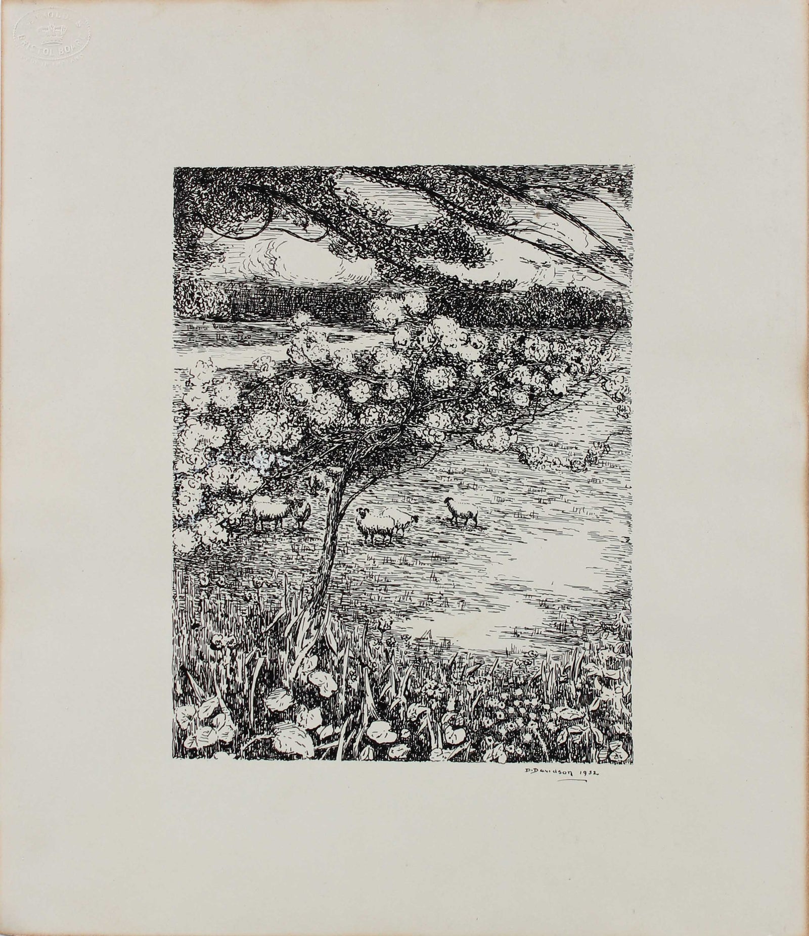 Pastoral Landscape with Sheep<br>1932 Ink<br><br>#A3277