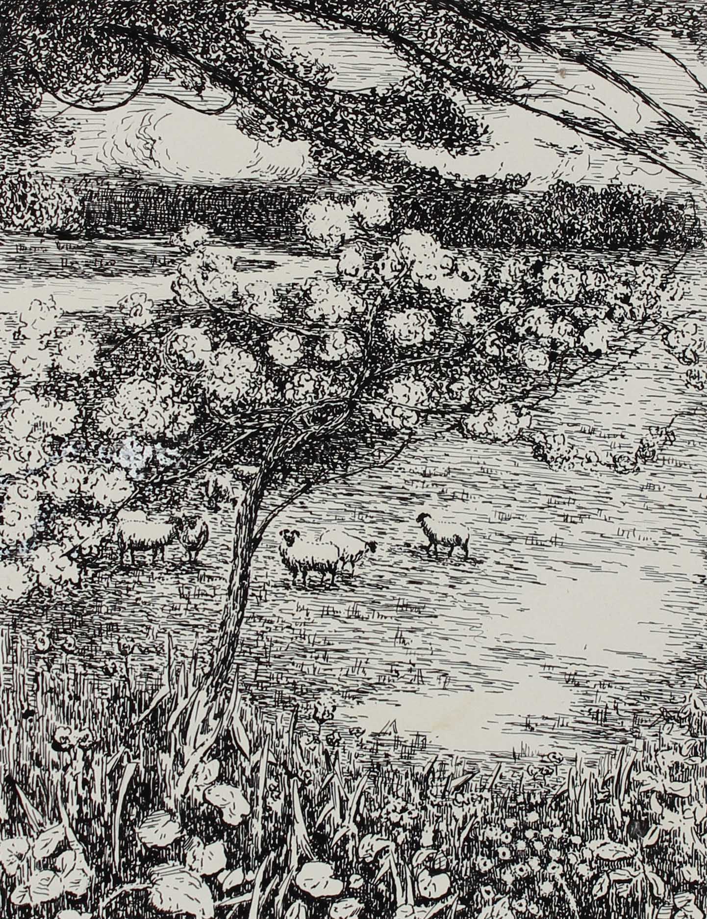 Pastoral Landscape with Sheep<br>1932 Ink<br><br>#A3277