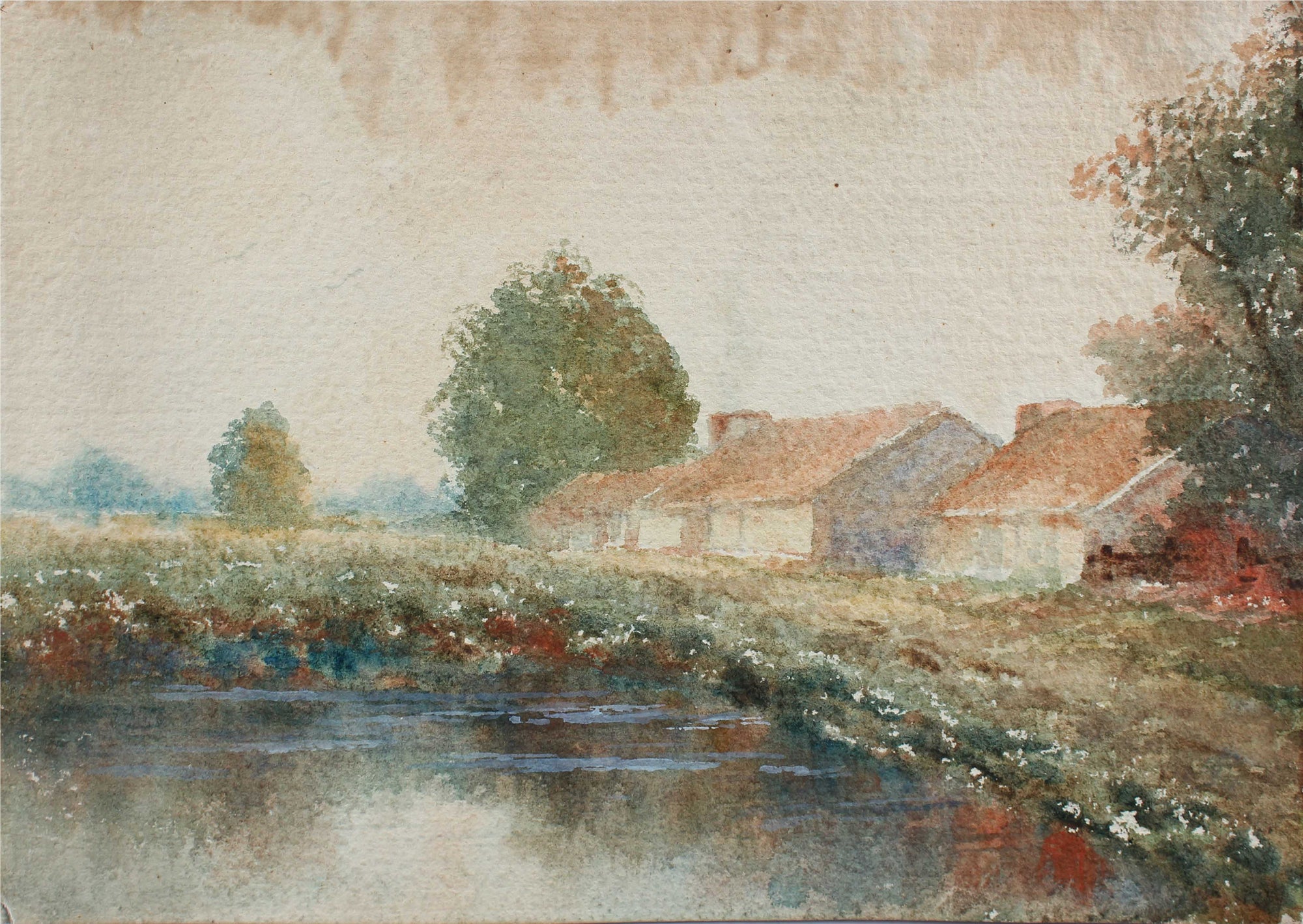 Impressionist Pond & Farm Scene<br>1900-30s Watercolor<br><br>#A3278