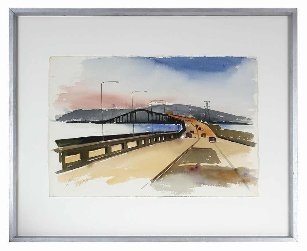 Bay Area Freeway & Bridge<br>Mid-Late 20th Century Watercolor<br><br>#A3856