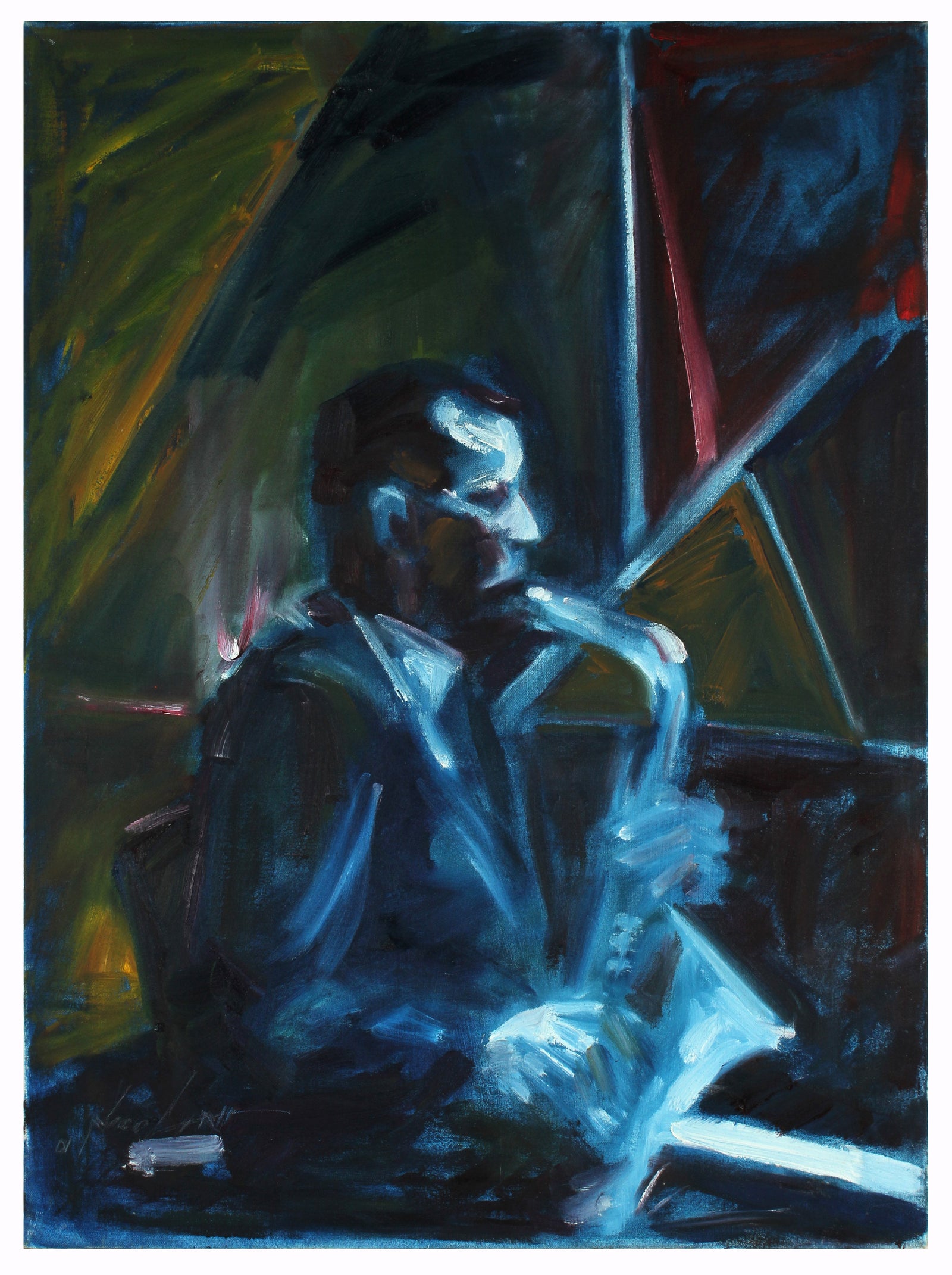 Saxophone Player in Blue <br>2001 Oil <br><br>#A5686