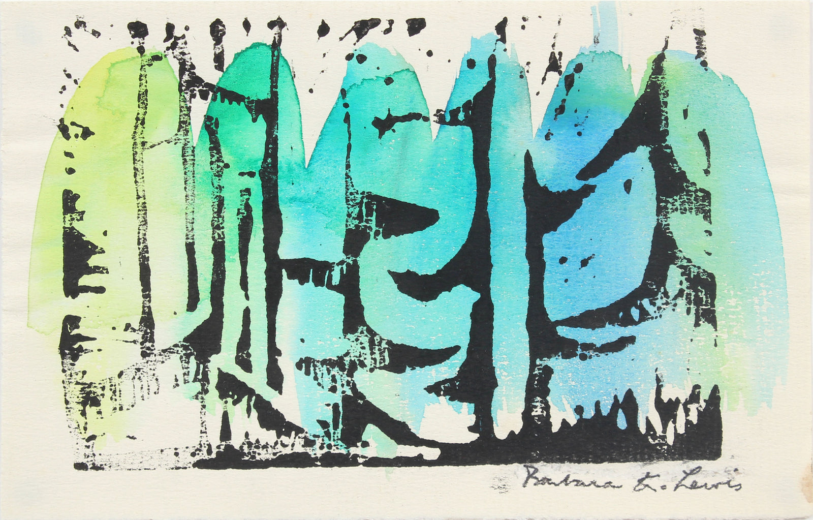 Colorful Abstract<br>Late 20th Century Linoleum with Watercolor<br><br>#A5976