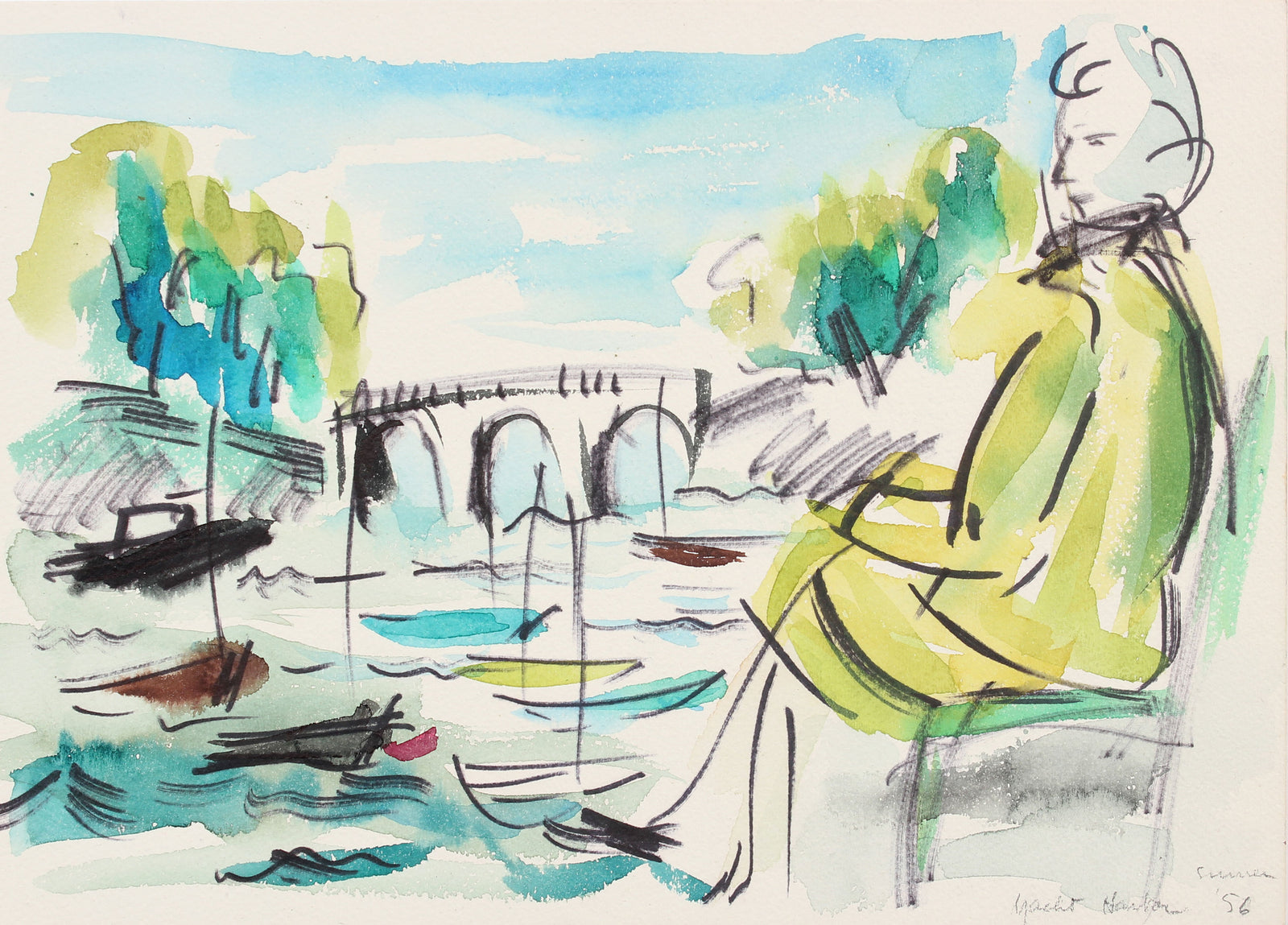 Leisure at the Water's Edge<br>1956 Watercolor and Ink<br><br>#A5979