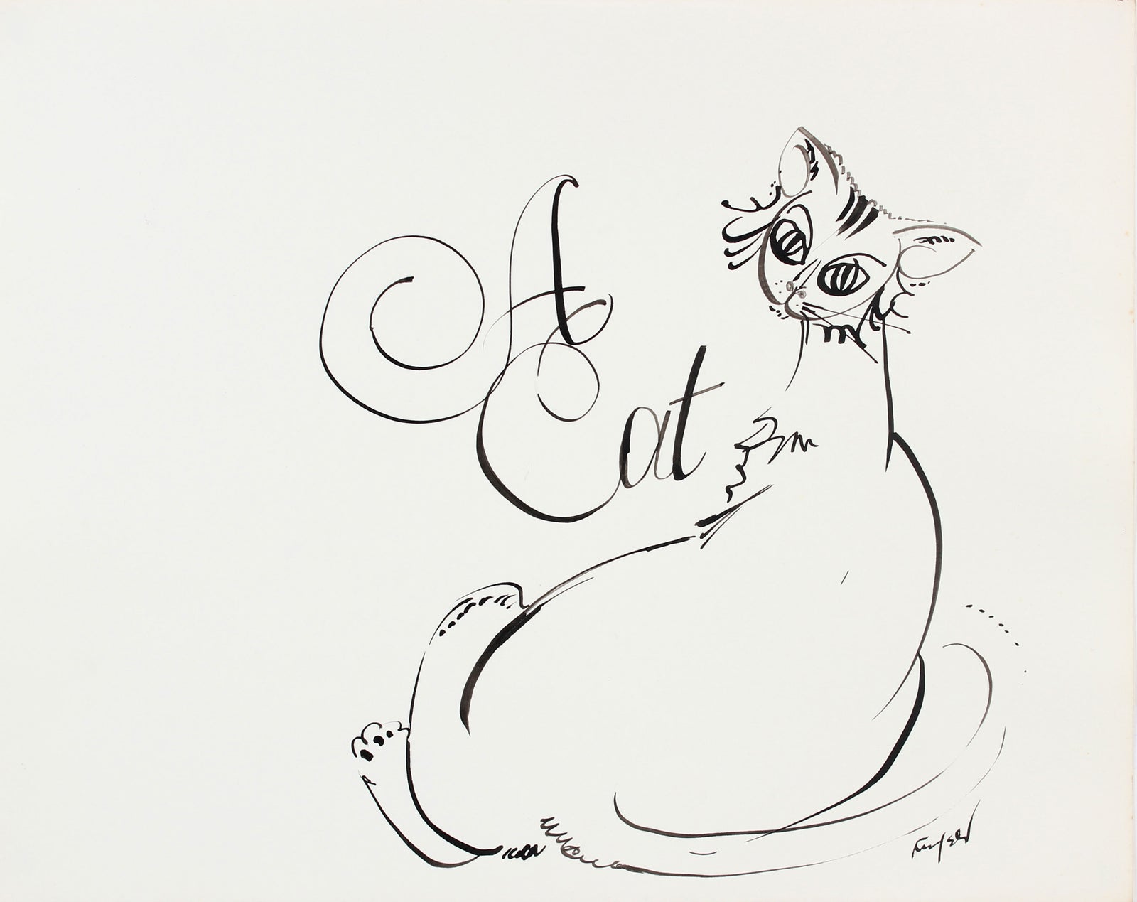 <i>A Cat</i>, Modernist Drawing<br>1970-80s Ink<br><br>#A5990