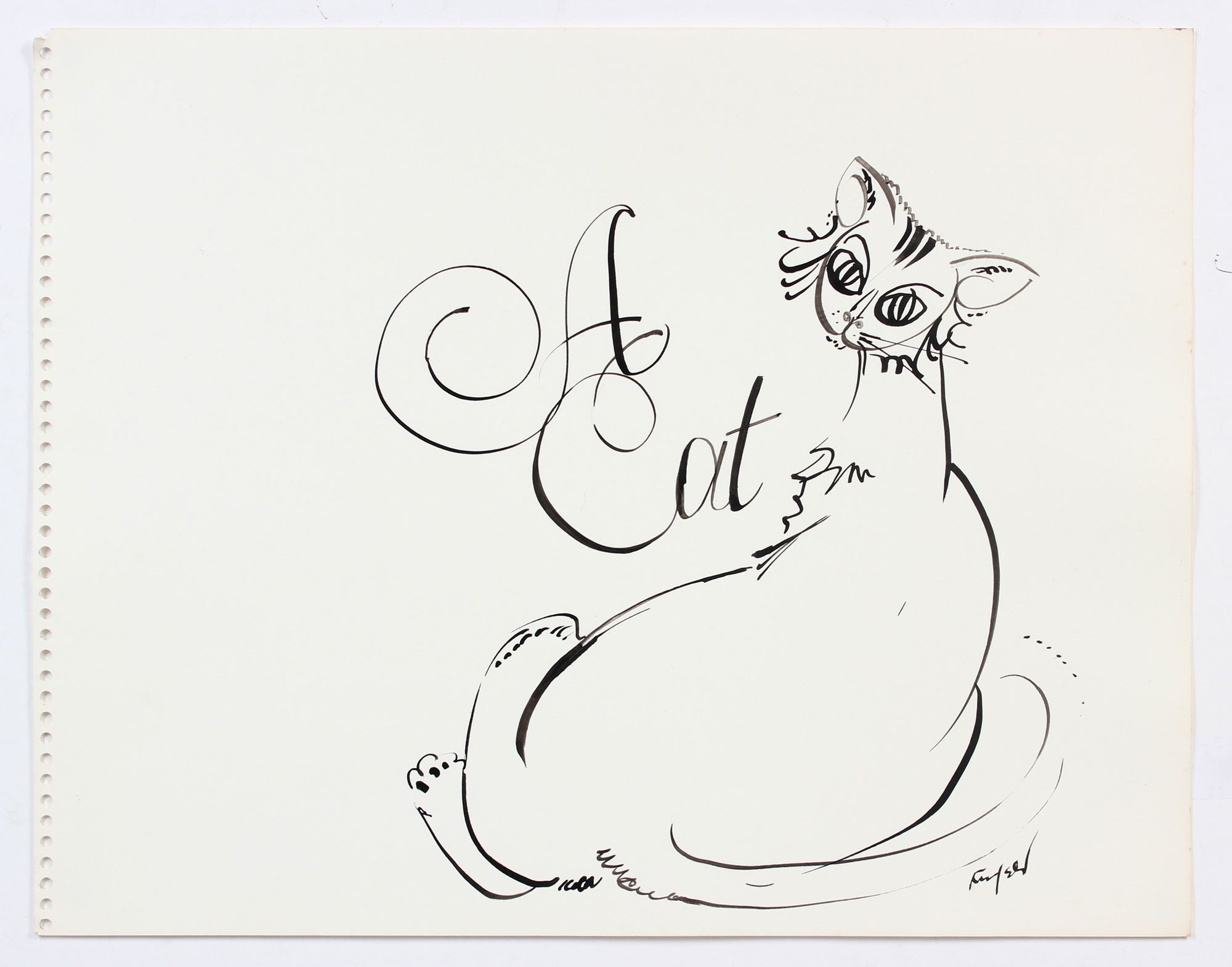 <i>A Cat</i>, Modernist Drawing<br>1970-80s Ink<br><br>#A5990