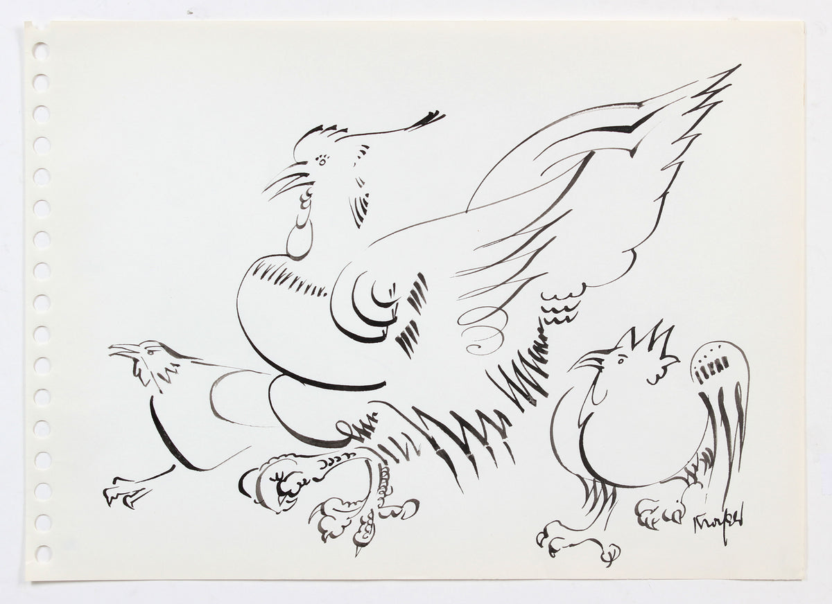 Monochrome Chicken Trio<br>1970-80s Ink<br><br>#A5992
