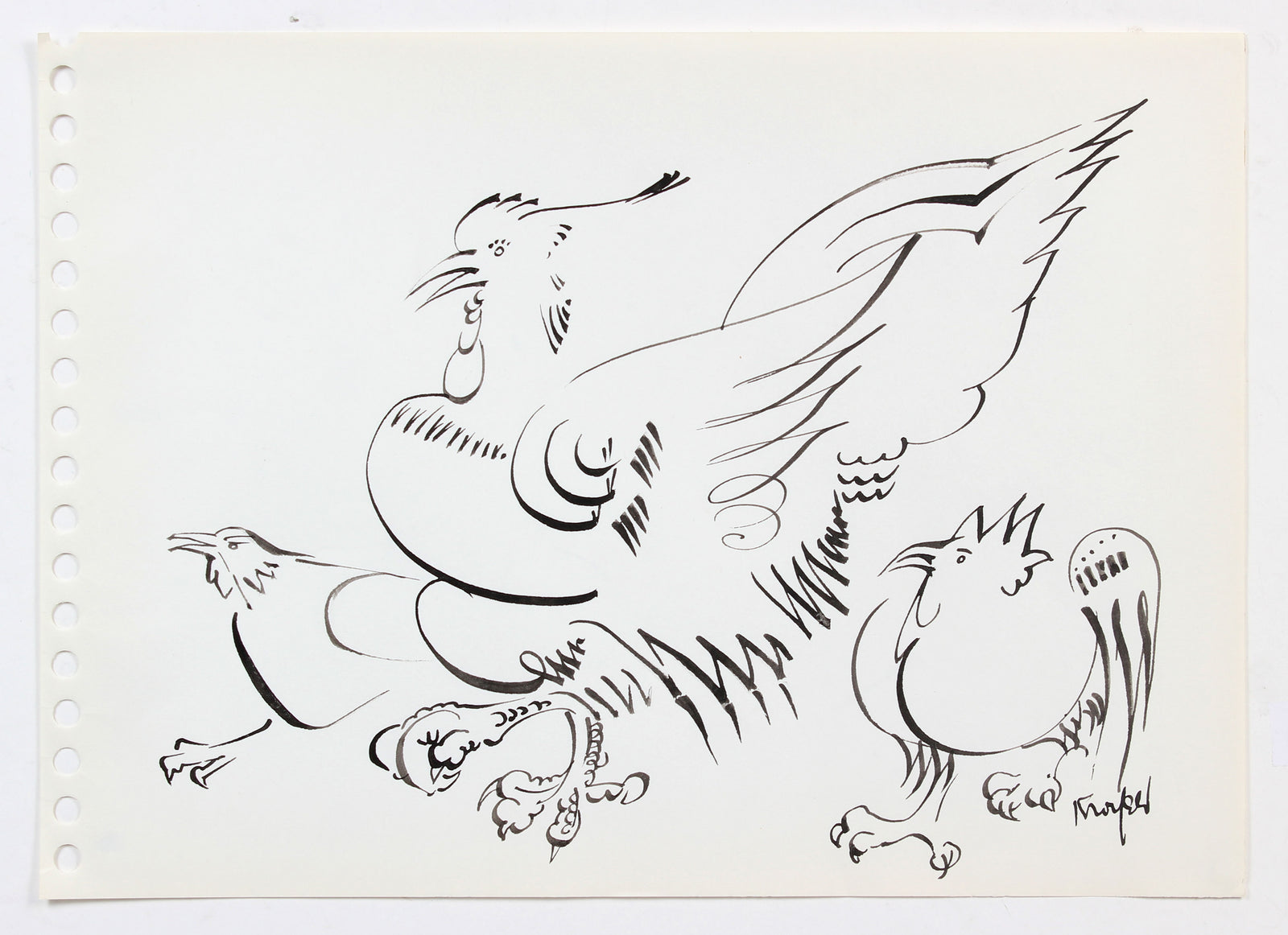 Monochrome Chicken Trio<br>1970-80s Ink<br><br>#A5992