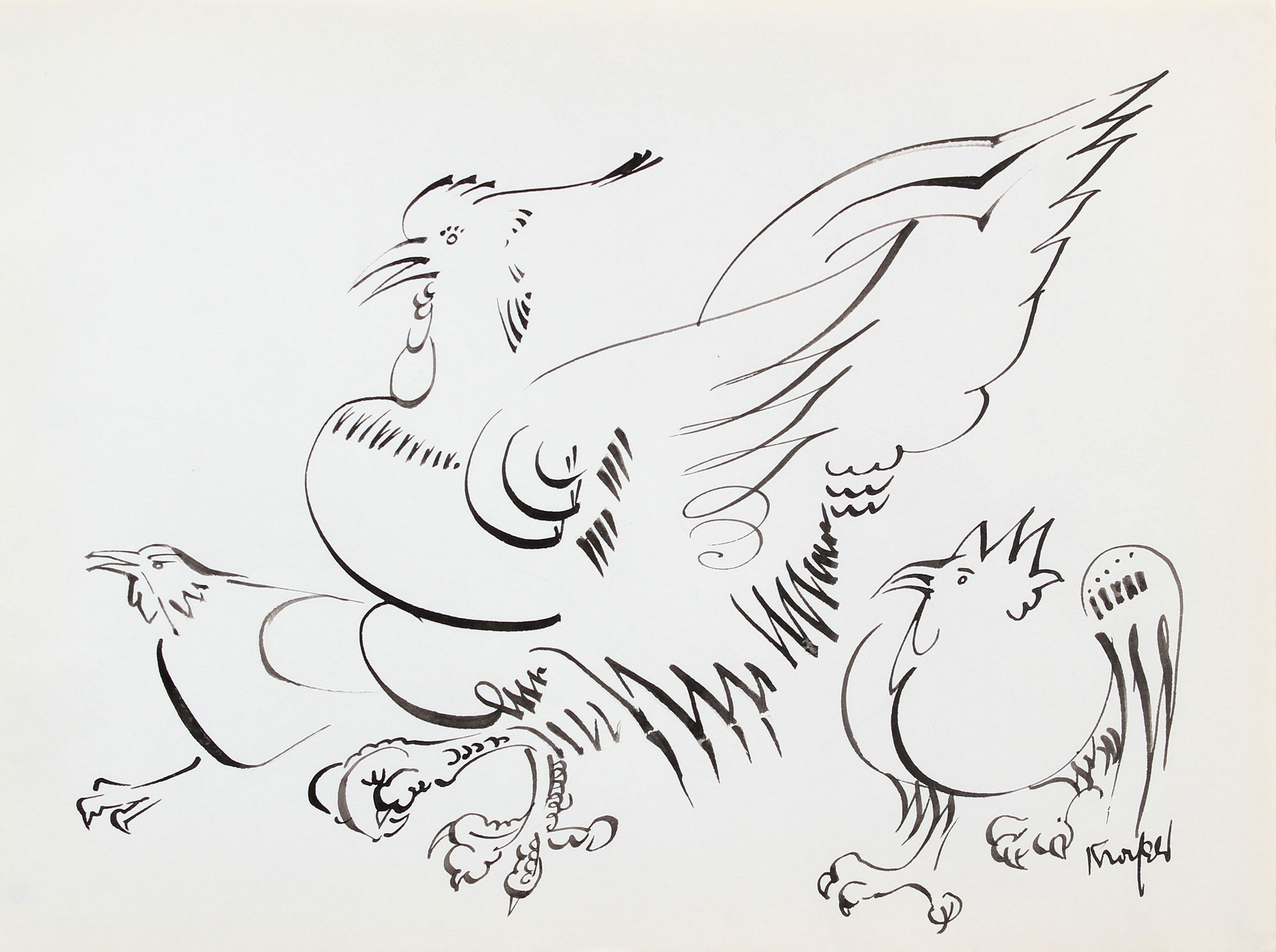 Monochrome Chicken Trio<br>1970-80s Ink<br><br>#A5992