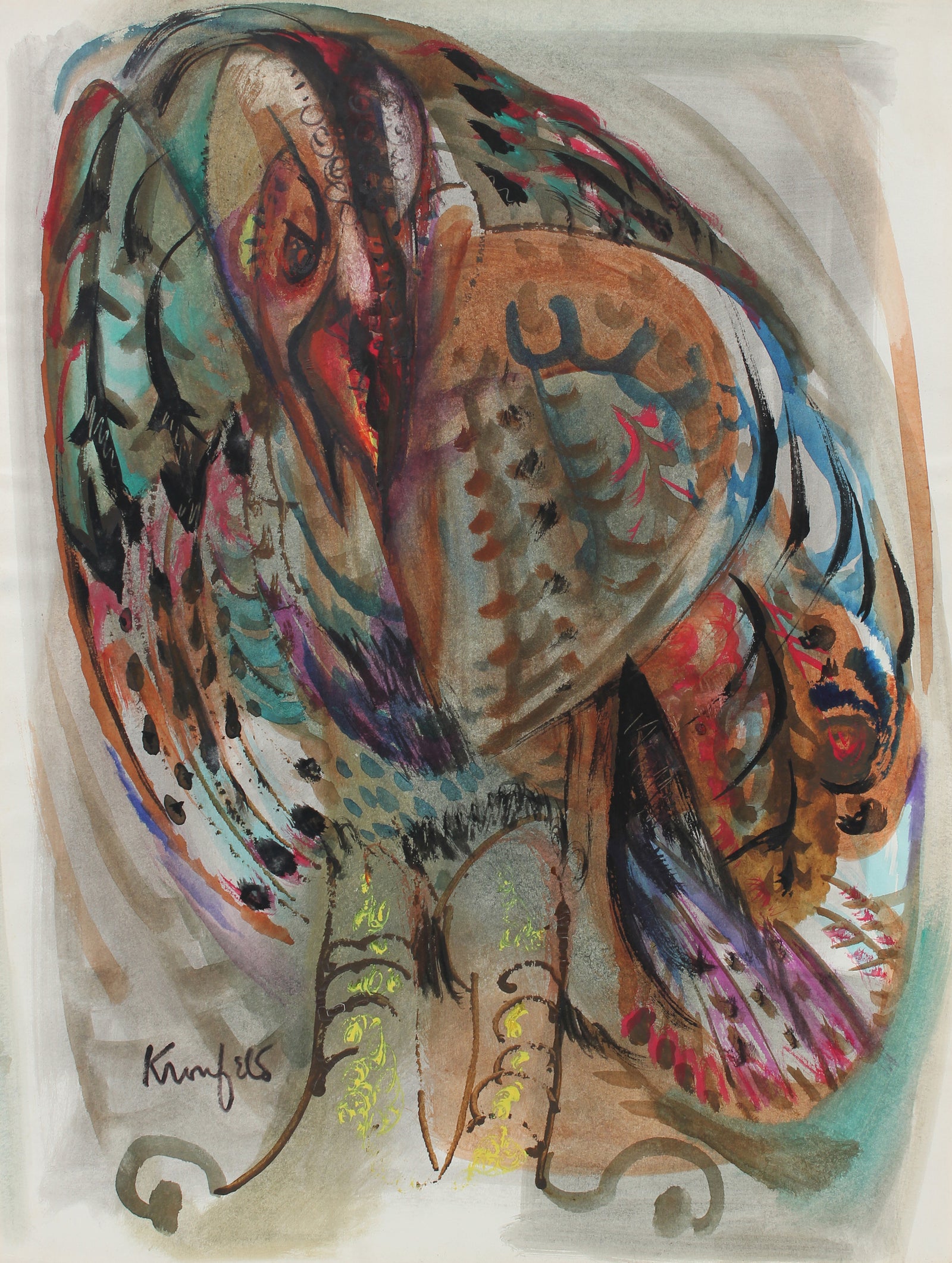 Colorful Abstracted Gestural Birds <br>1970-80s Gouache <br><br>#A6000