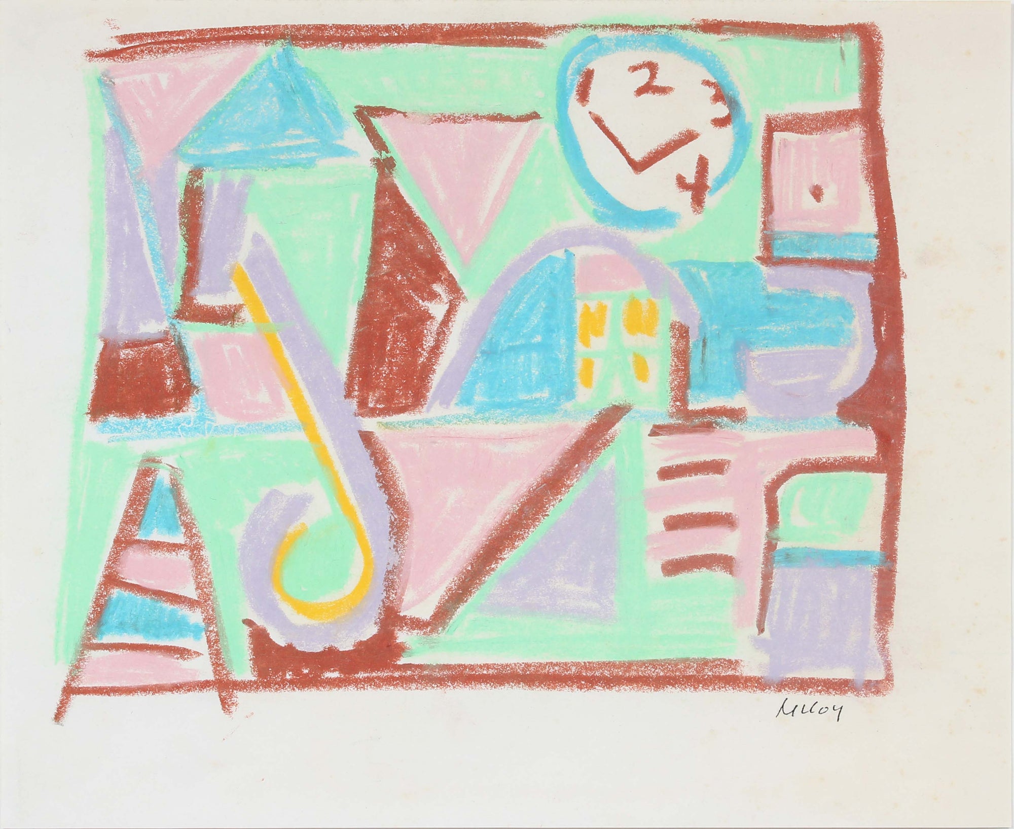 Bright Abstracted Scene<br>Mid - Late 20th Century Pastel<br><br>#A6194
