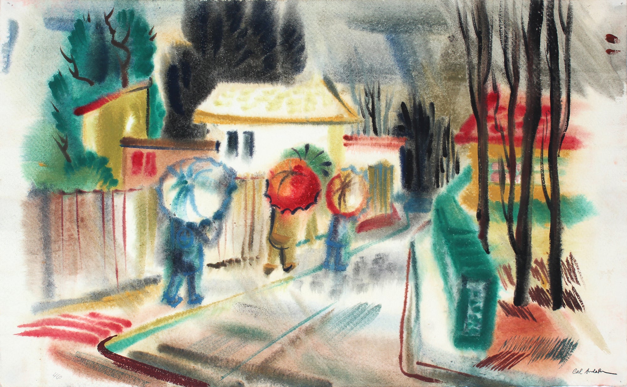 Vibrant Rain Scene <br>1946 Gouache <br><br>#A6715