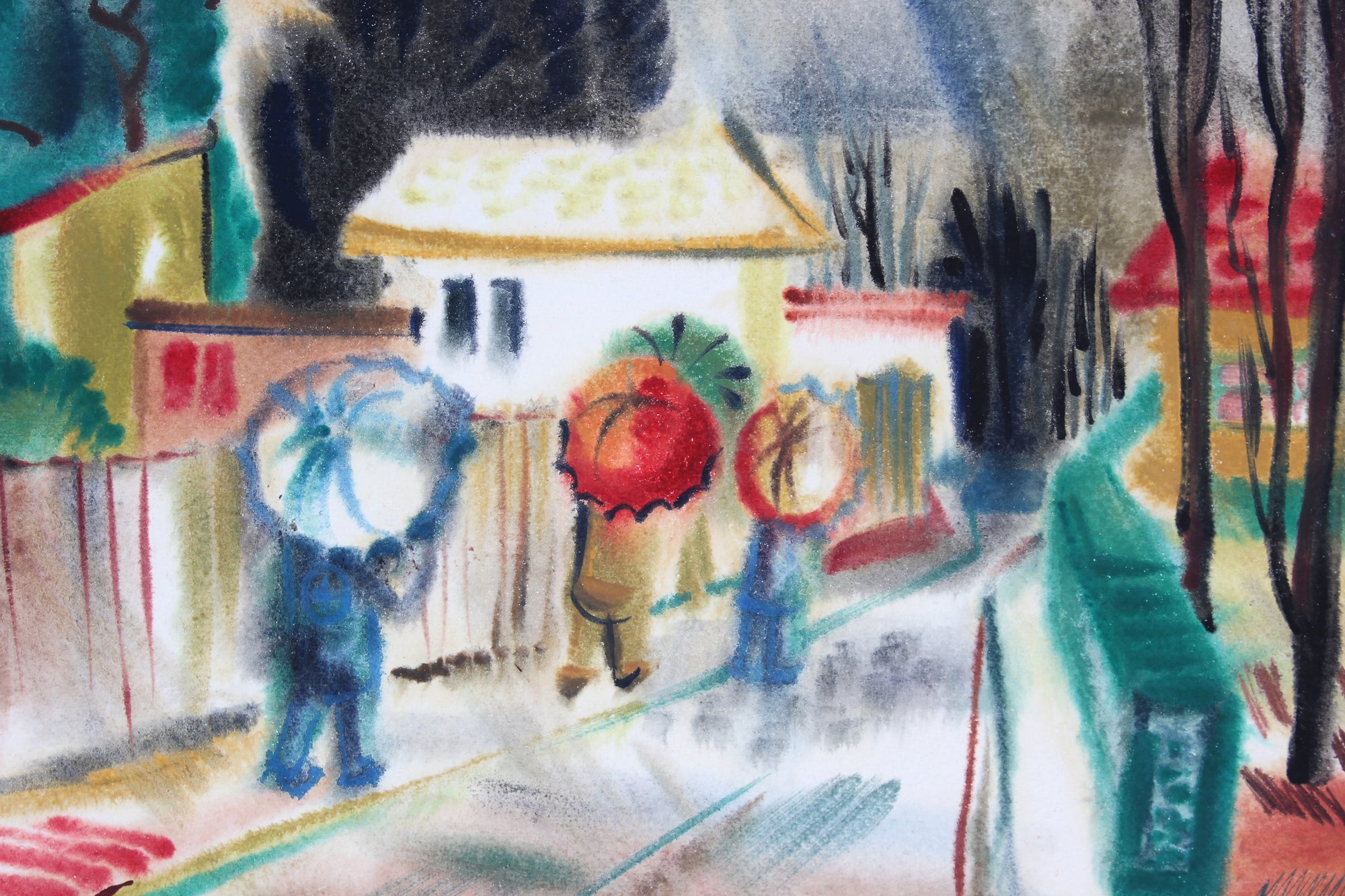 Vibrant Rain Scene <br>1946 Gouache <br><br>#A6715