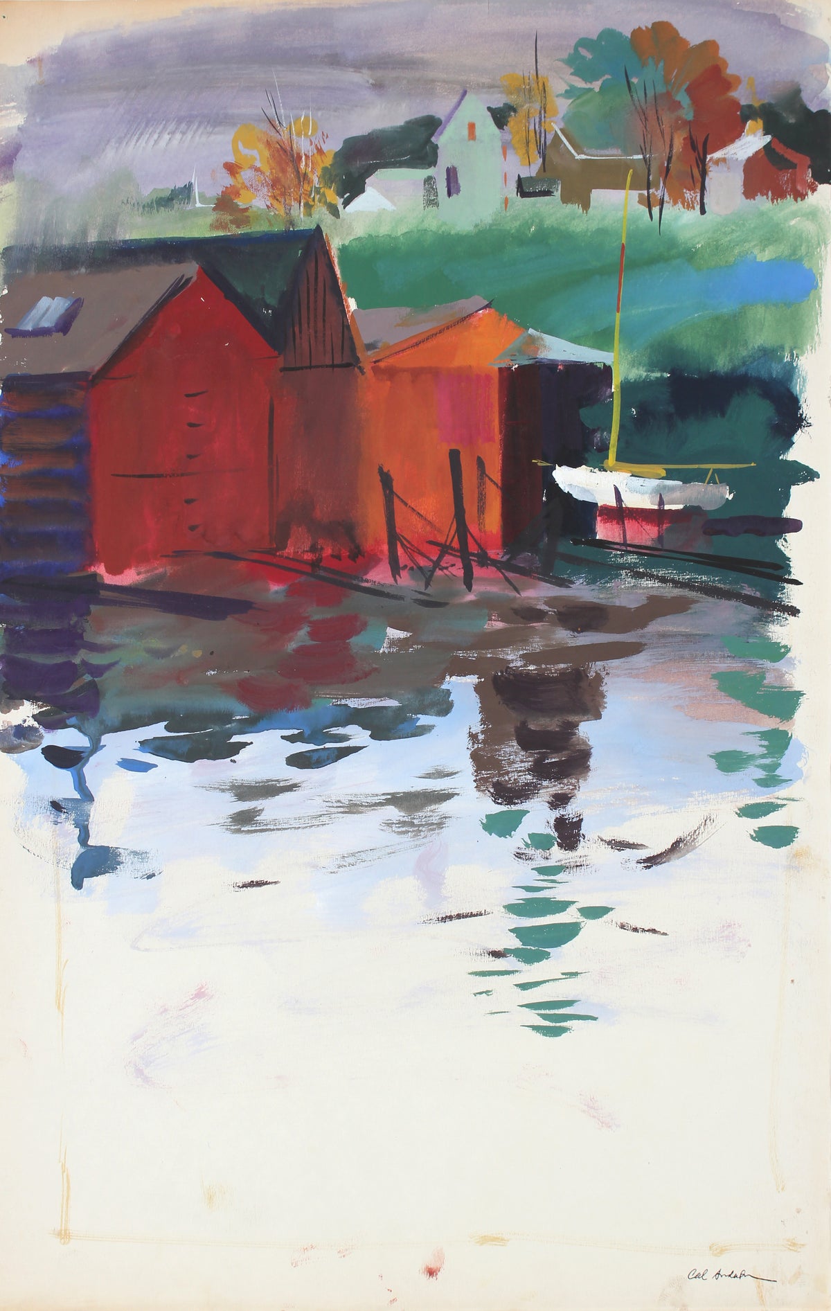 Pastoral Water Scene <br>Mid 20th Century Gouache <br><br>#A6724