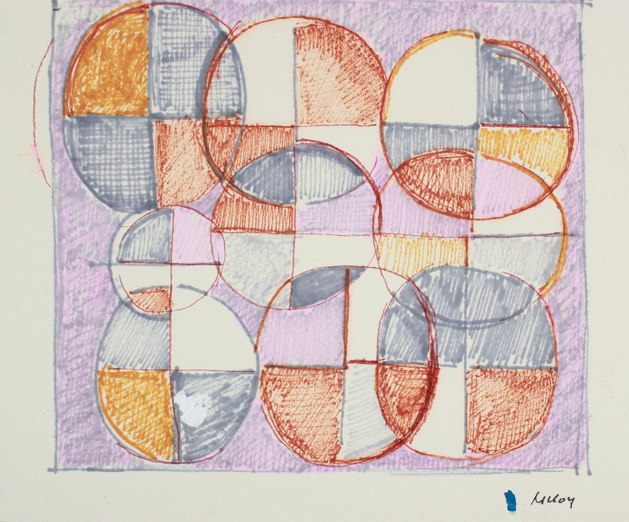 Purple & Red Circles in Grid <br> Mid 20th Century Drawing<br><br>A7198