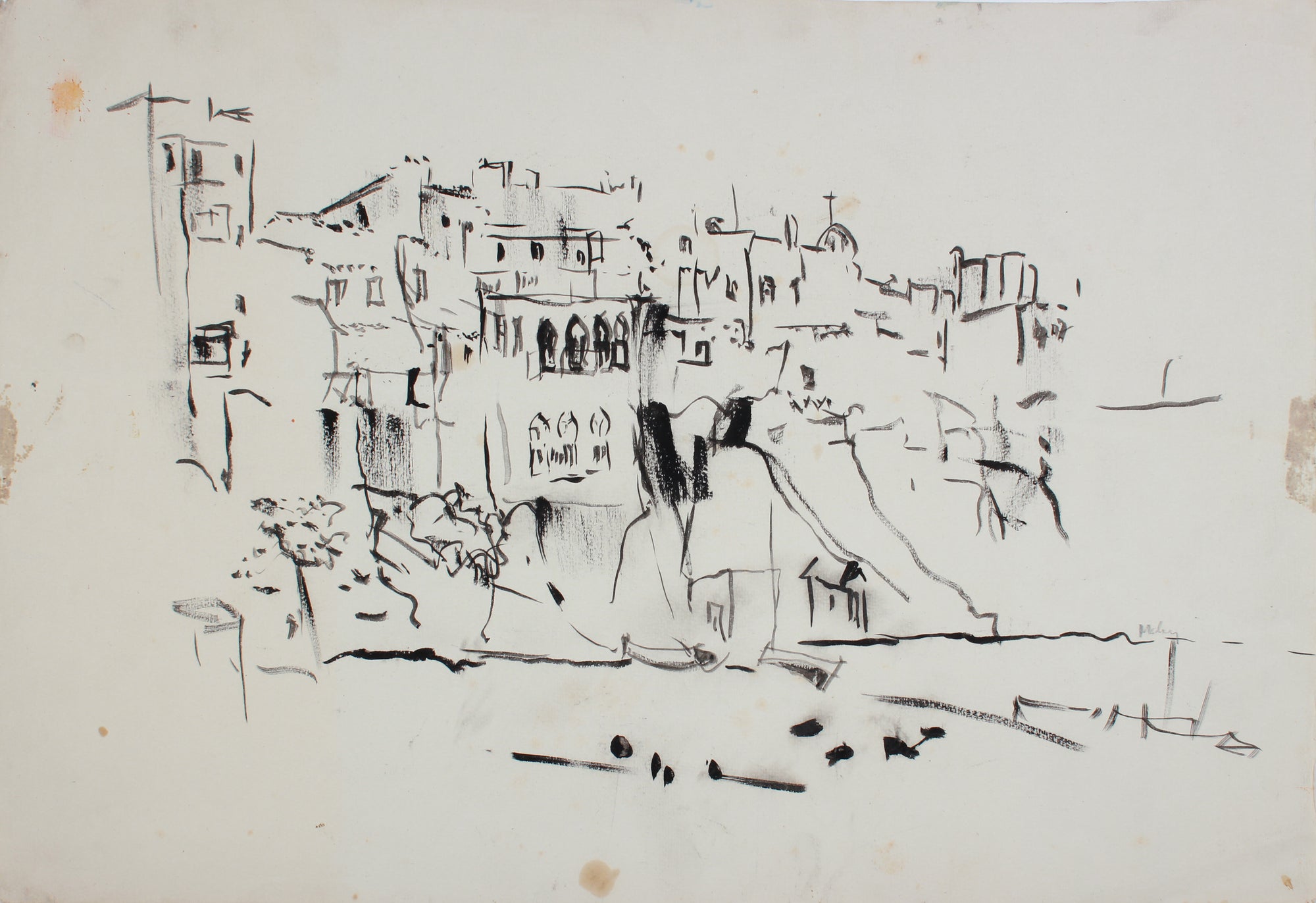 Monochrome City on the Hill <br>1959 Ink  on Paper <br><br>#A7200