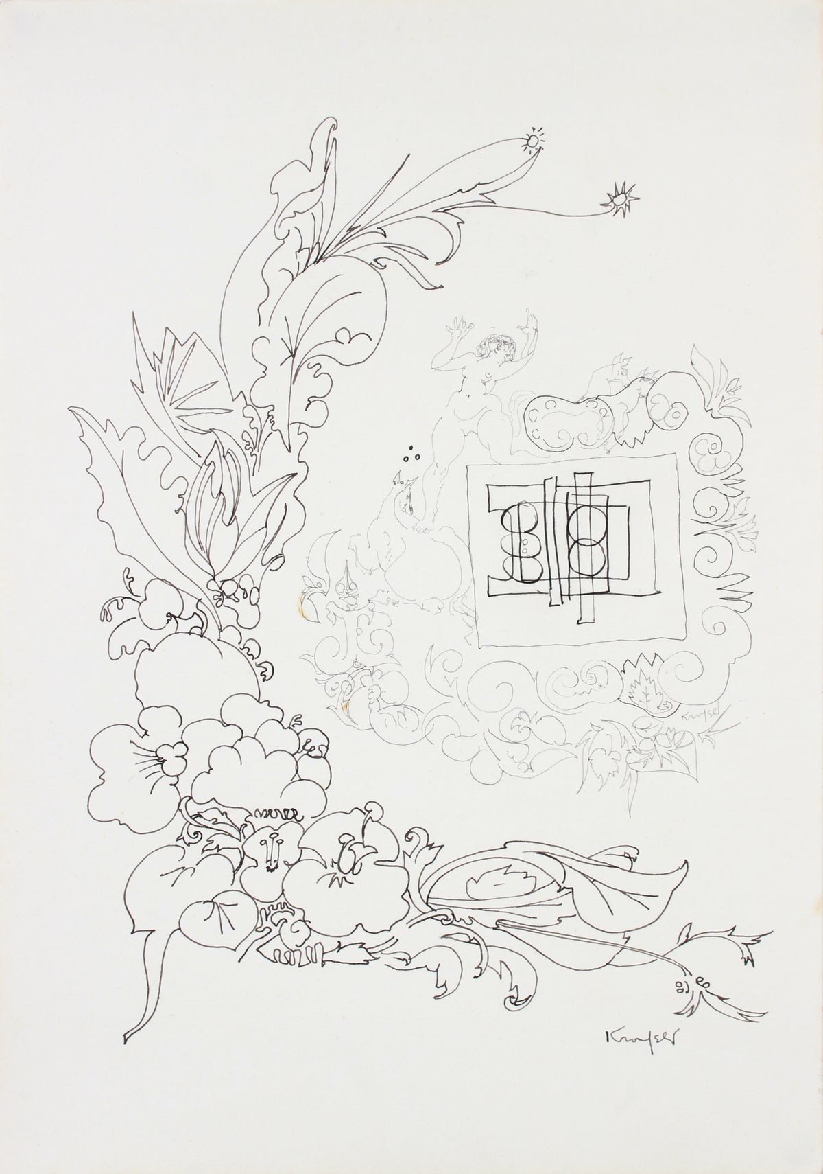Intricate Floral Modernist Drawing &lt;br&gt;1960-80s Ink on Paper &lt;br&gt;&lt;br&gt;#A7271