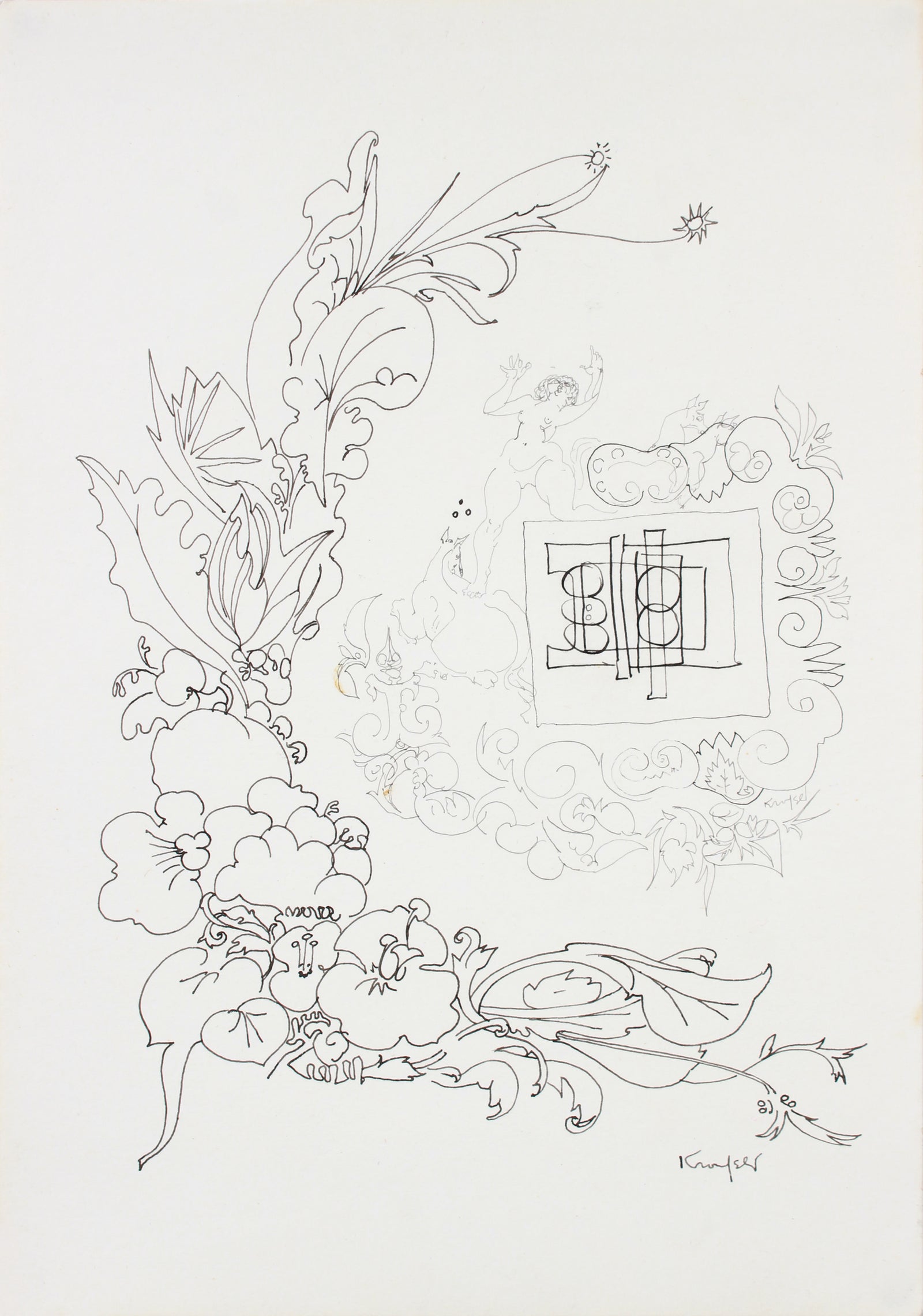 Intricate Floral Modernist Drawing <br>1960-80s Ink on Paper <br><br>#A7271