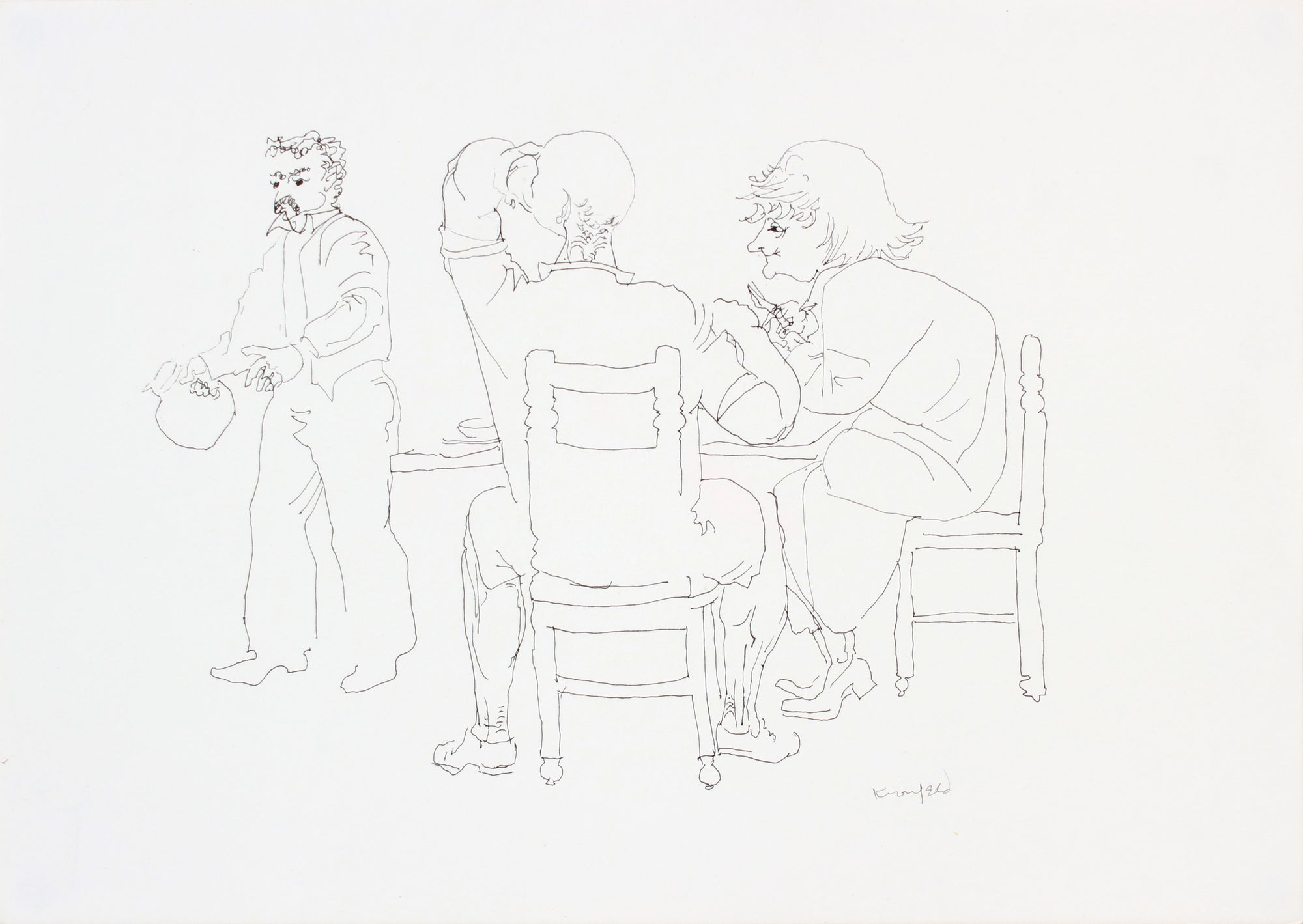 Trio at the Table <br>1960-80s Ink on Paper <br><br>#A7273