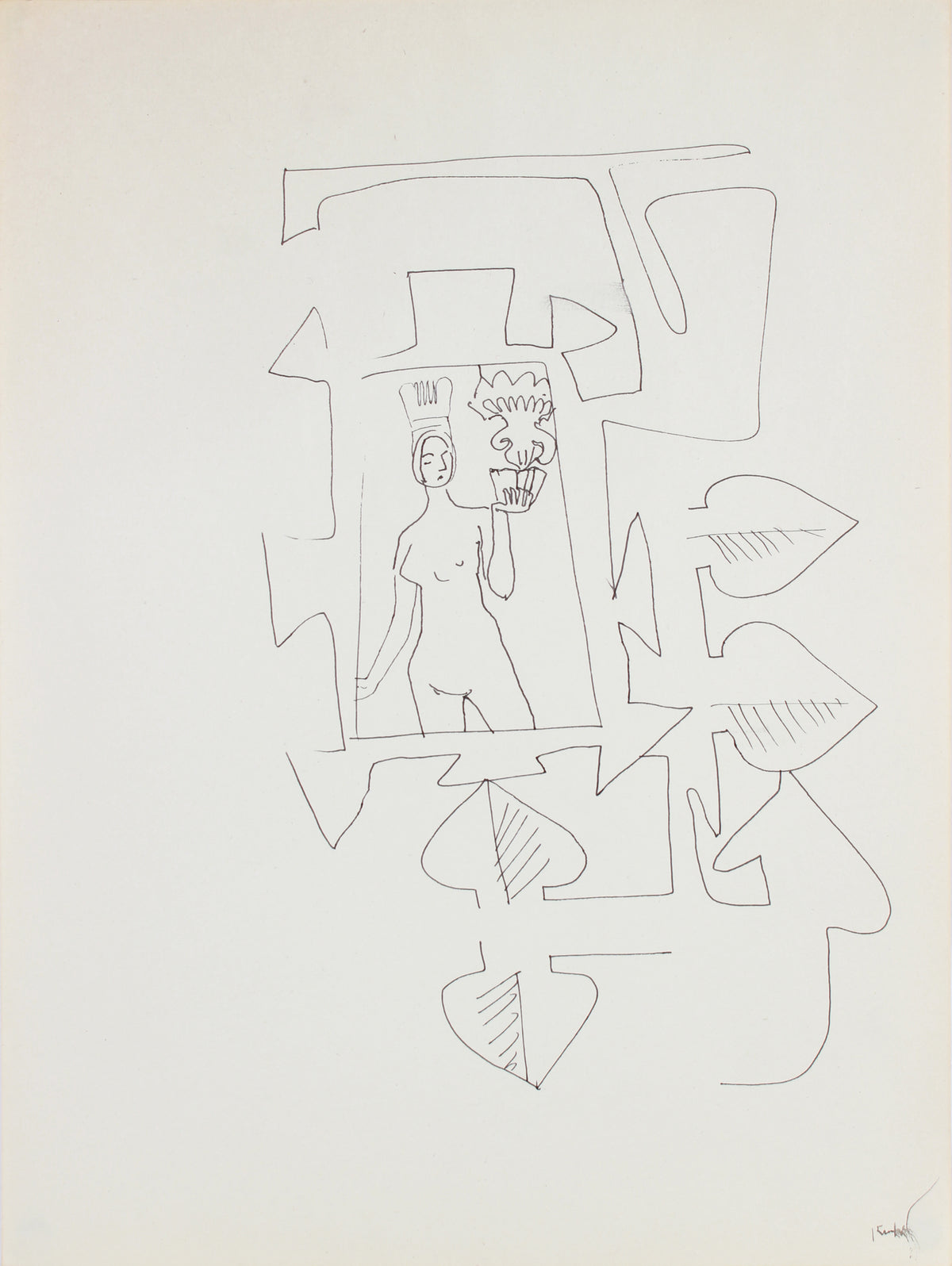 Monochrome Modernist Nude with Crown <br>Late 20th Century Ink <br><br>#A7284