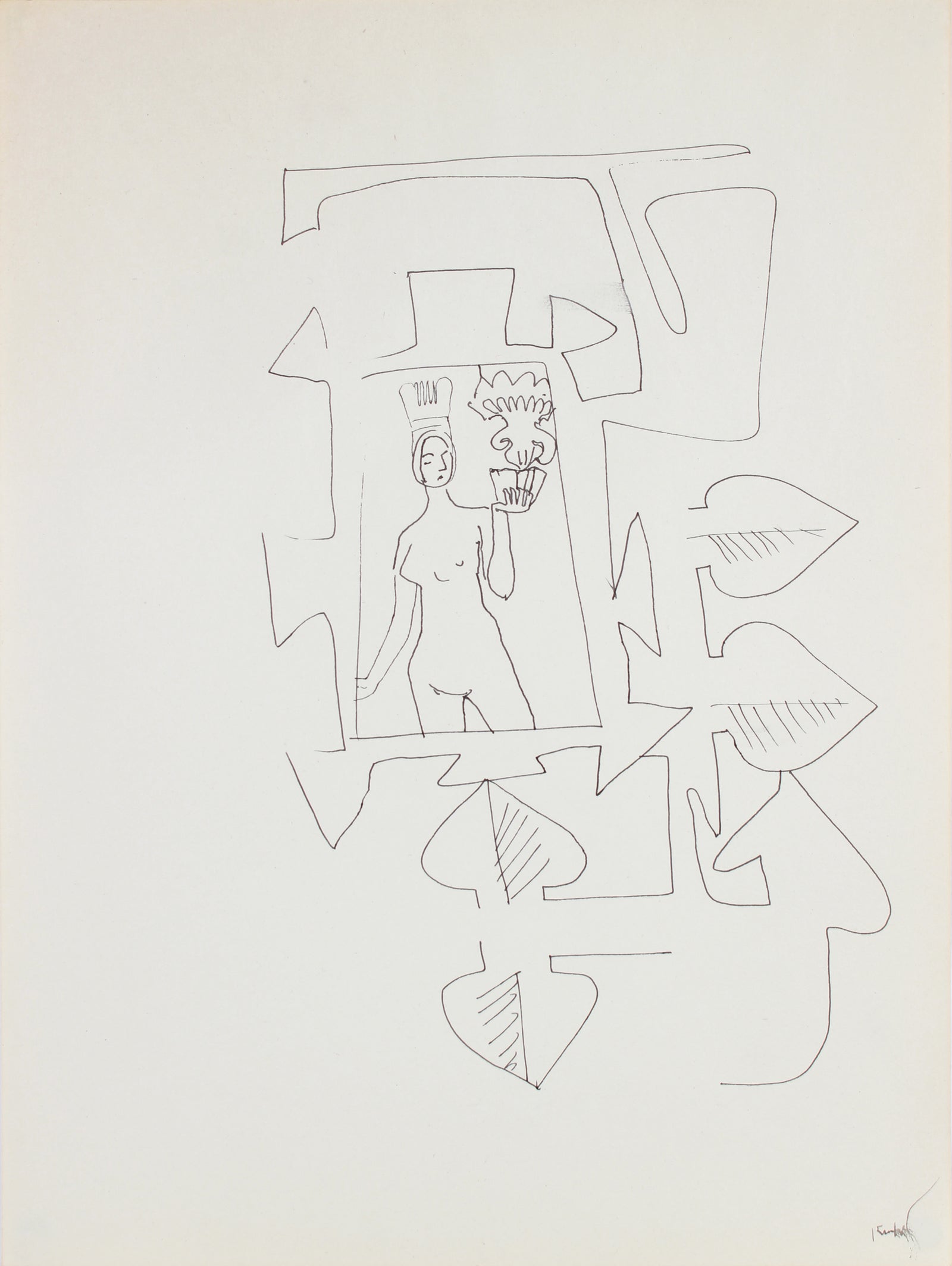 Monochrome Modernist Nude with Crown <br>Late 20th Century Ink <br><br>#A7284