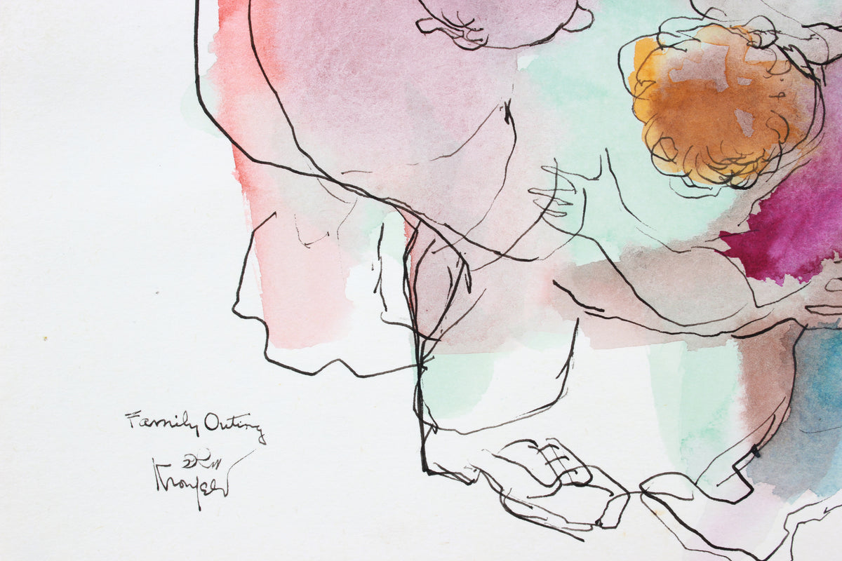 <i>Family Outing</i>, Modernist Drawing <br> Late 20th Century Ink & Gouache<br><br>#A7287