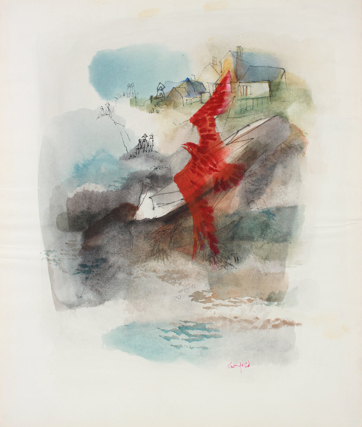 Red Bird in Flight &lt;br&gt;Mid 20th Century Watercolor &lt;br&gt;&lt;br&gt;#A7299