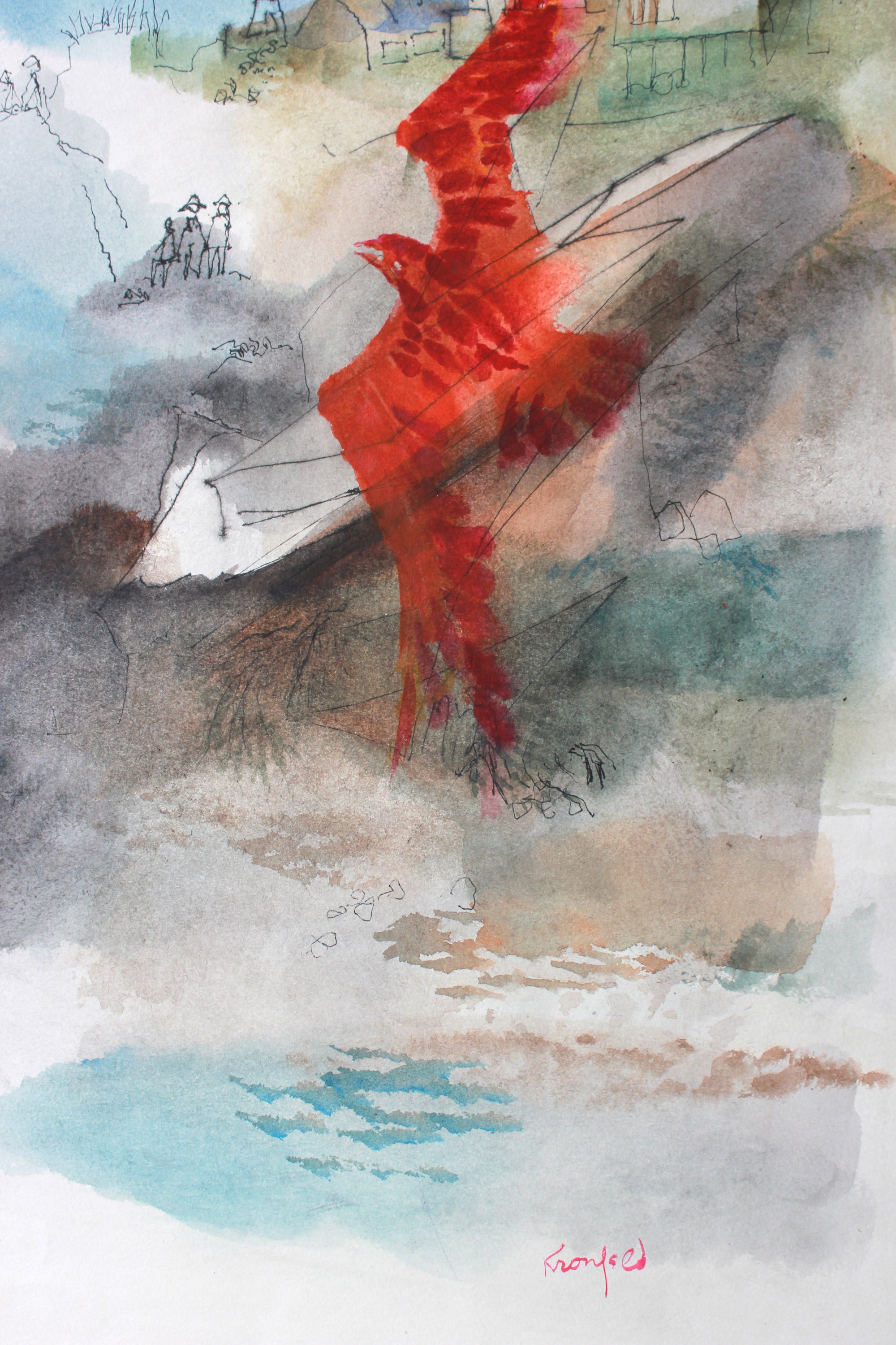 Red Bird in Flight <br>Mid 20th Century Watercolor <br><br>#A7299