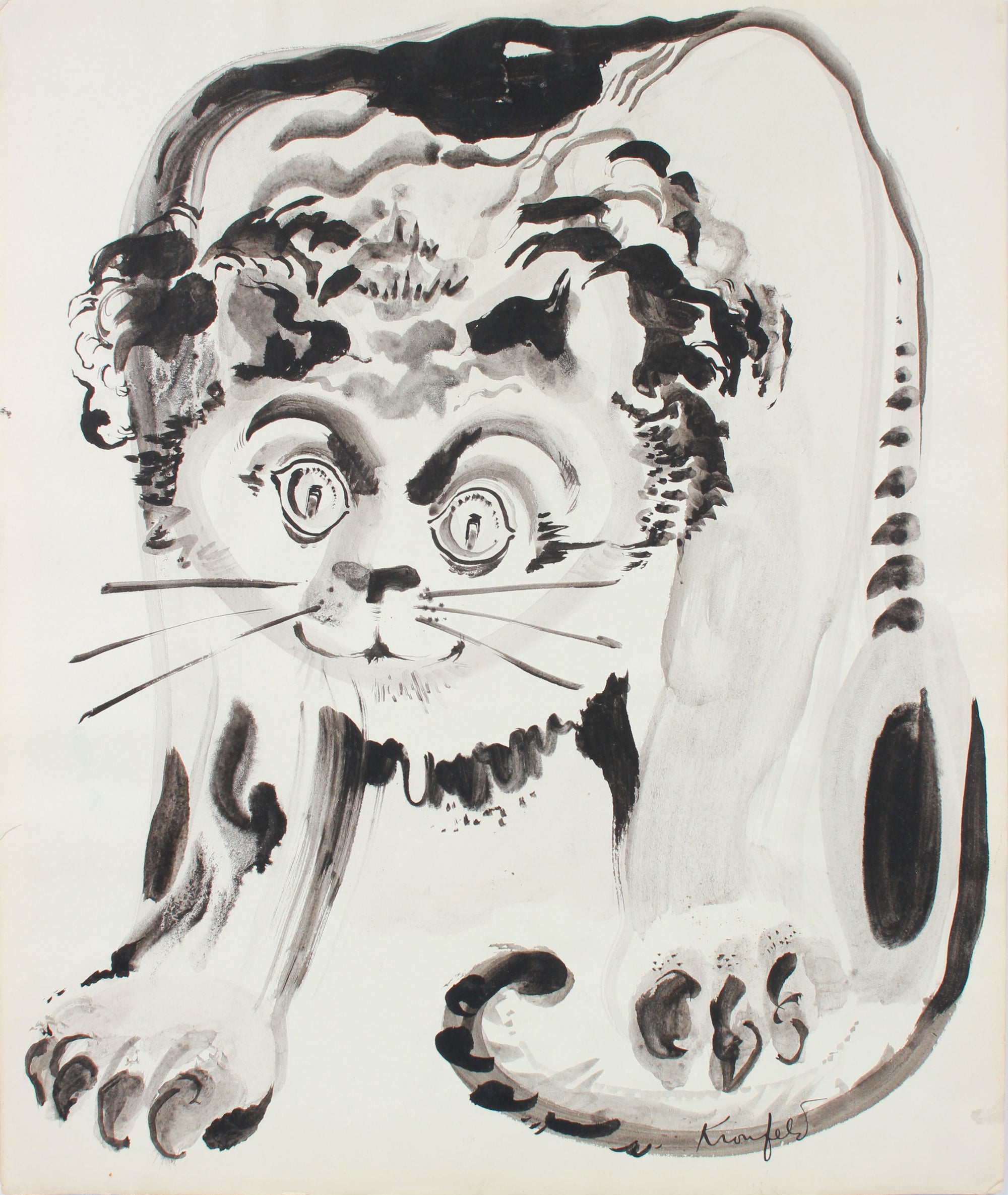 Modernist Lion Drawing <br>1960-80s Ink<br><br>#A7302