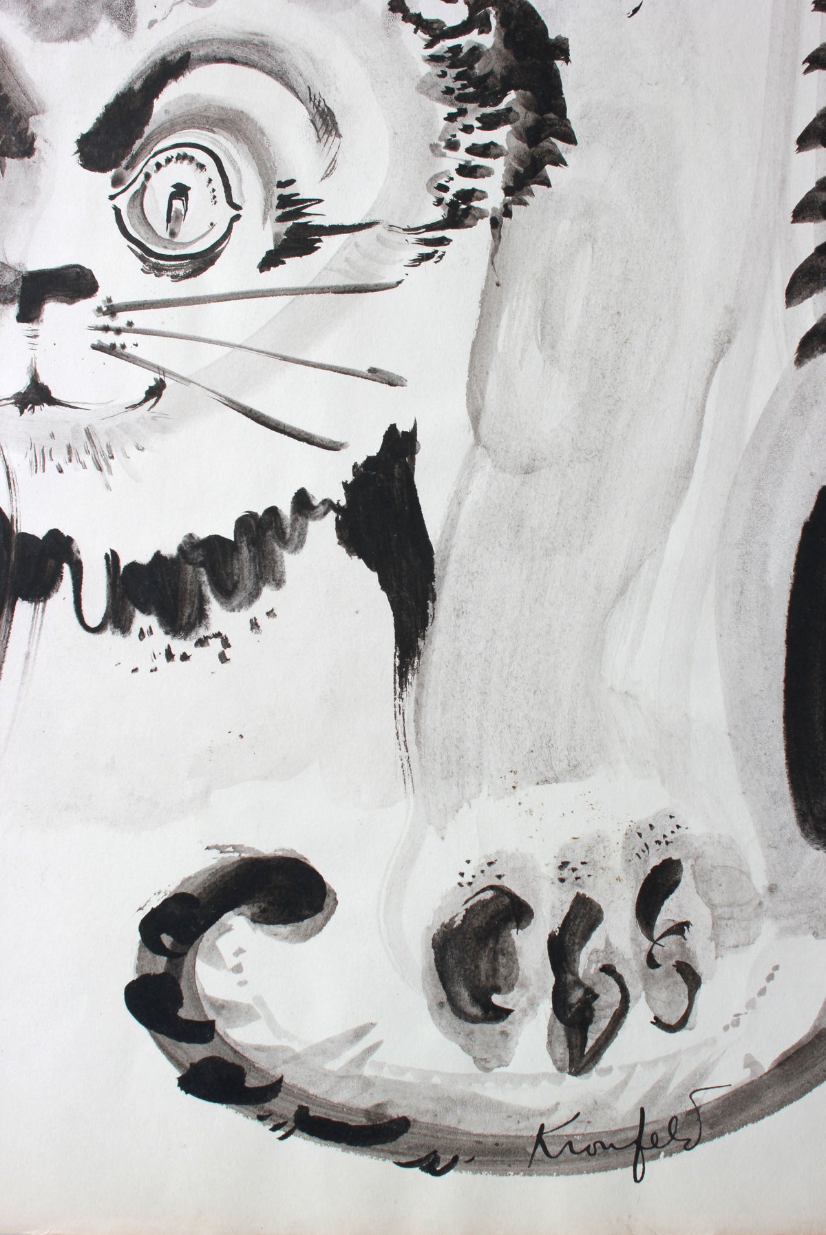 Modernist Lion Drawing <br>1960-80s Ink<br><br>#A7302