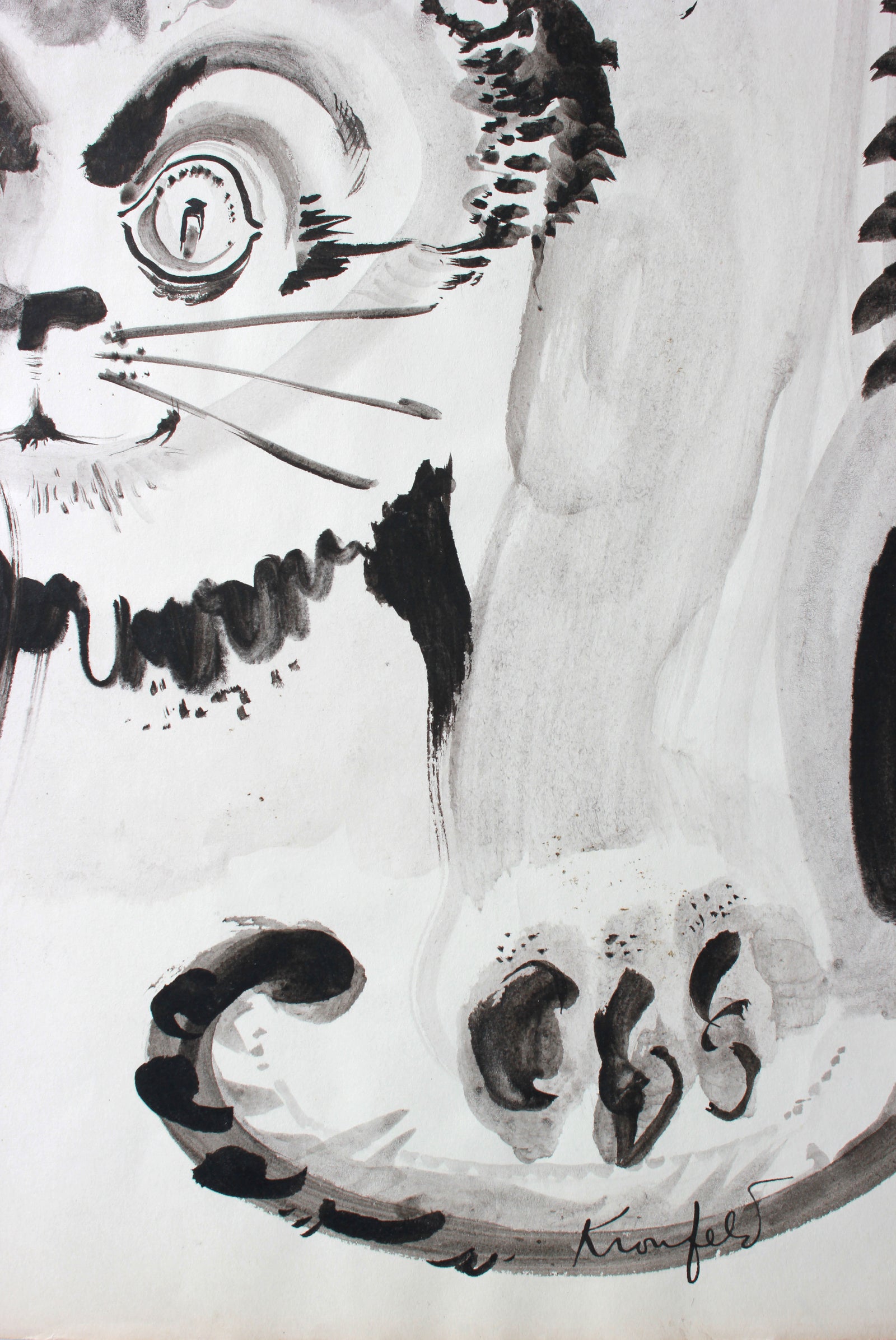 Modernist Lion Drawing <br>1960-80s Ink<br><br>#A7302