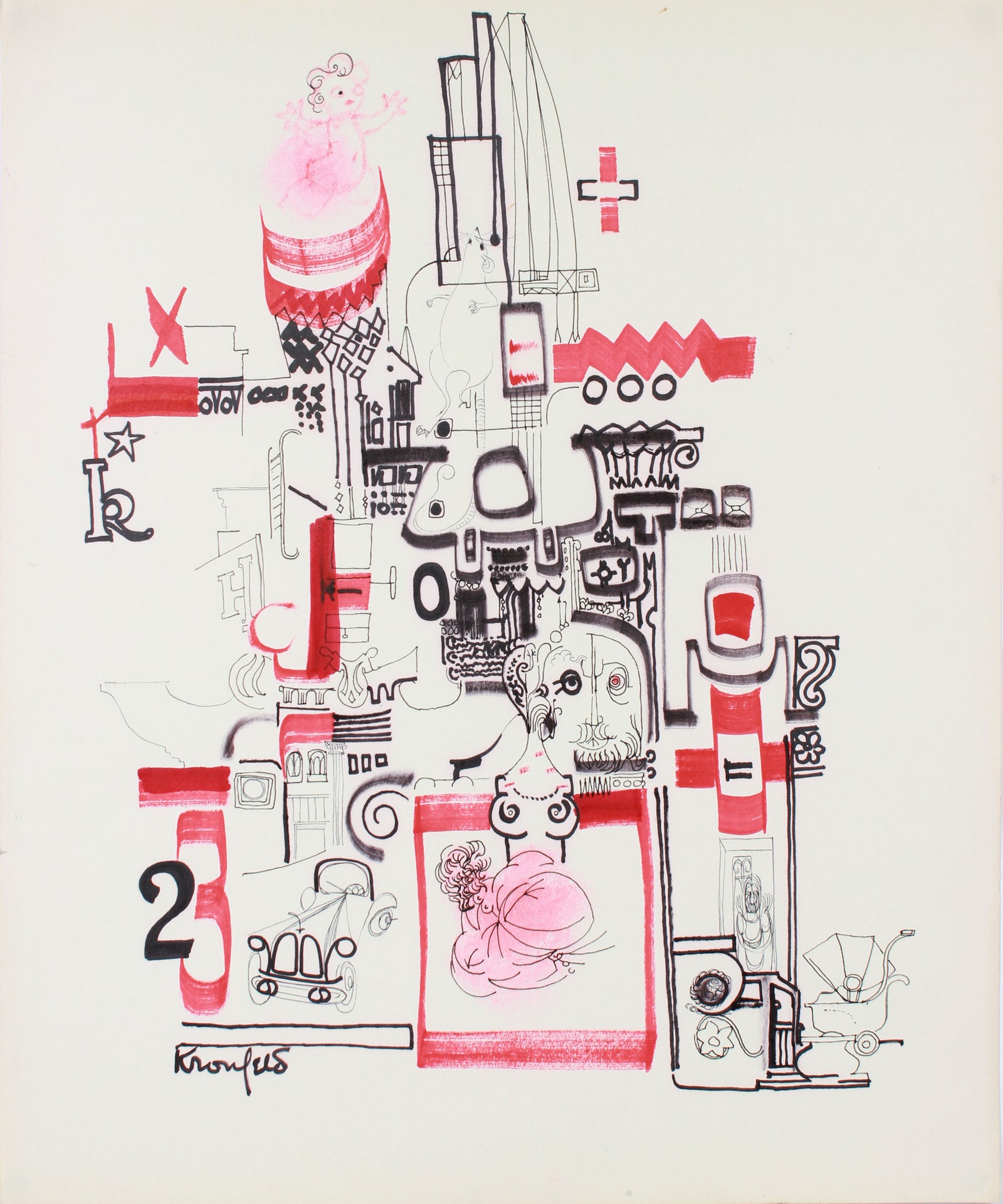 Red & Black Fantasy Architectural Drawing<br>1960-80s Ink <br><br>#A7304