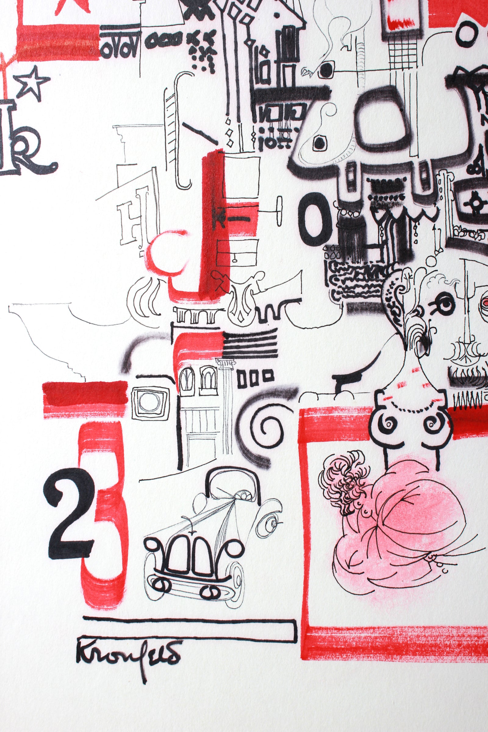 Red & Black Fantasy Architectural Drawing<br>1960-80s Ink <br><br>#A7304