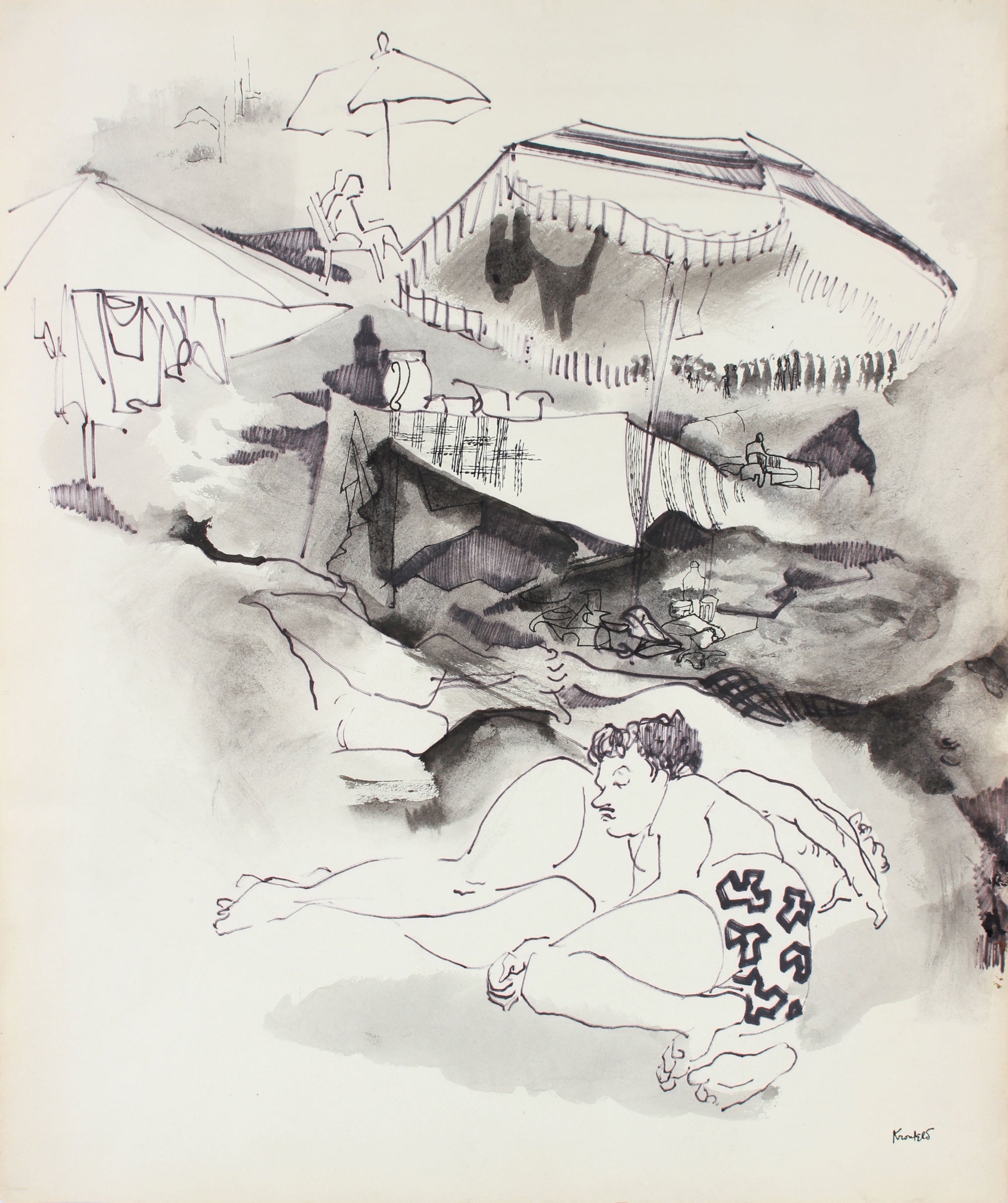 Reclining Figures by the Shore <br>1960-80s Ink <br><br>#A7306